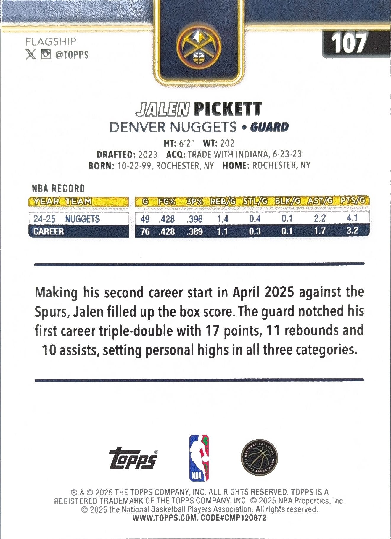 2025-26 Topps Jalen Pickett #107 Rainbow Foilboard Denver Nuggets back