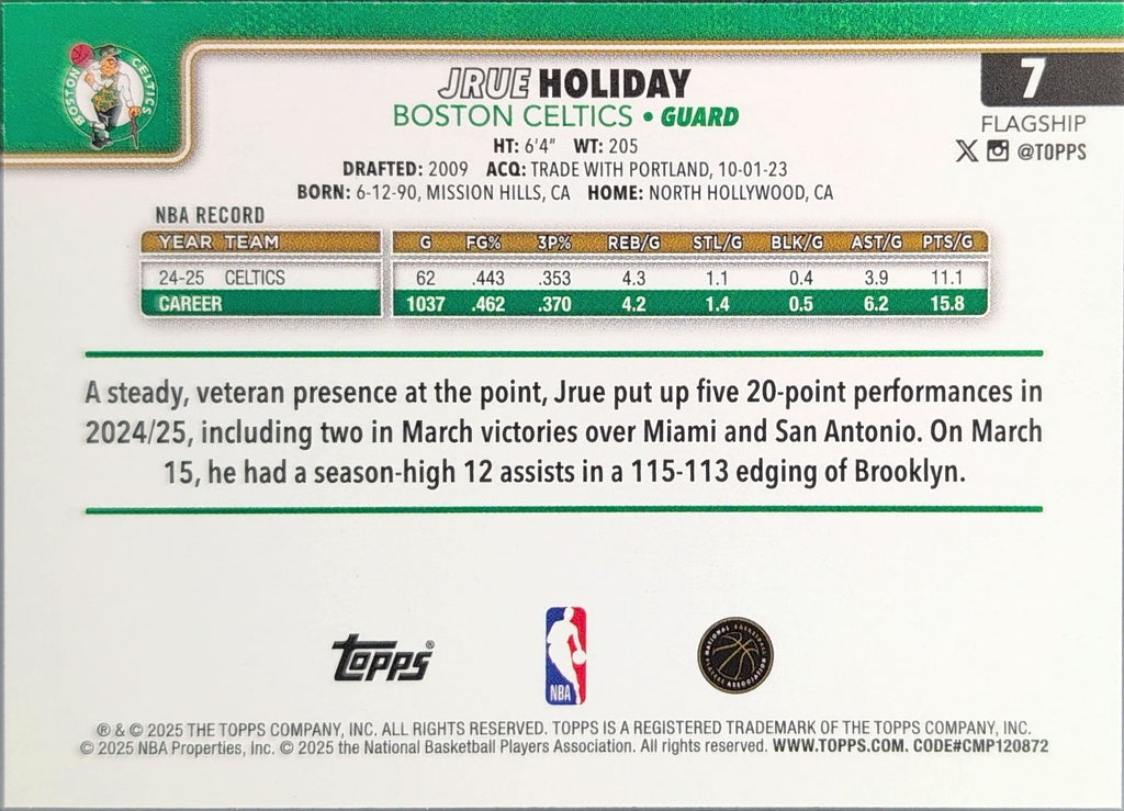 2025-26 Topps Jrue Holiday #7 Boston Celtics back