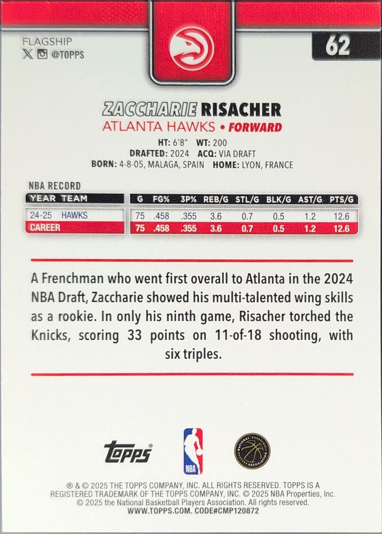 2025-26 Topps Zaccharie Risacher #62 Atlanta Hawks back