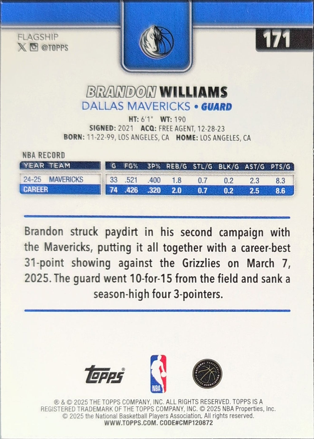 2025-26 Topps Brandon Williams #171 Dallas Mavericks back
