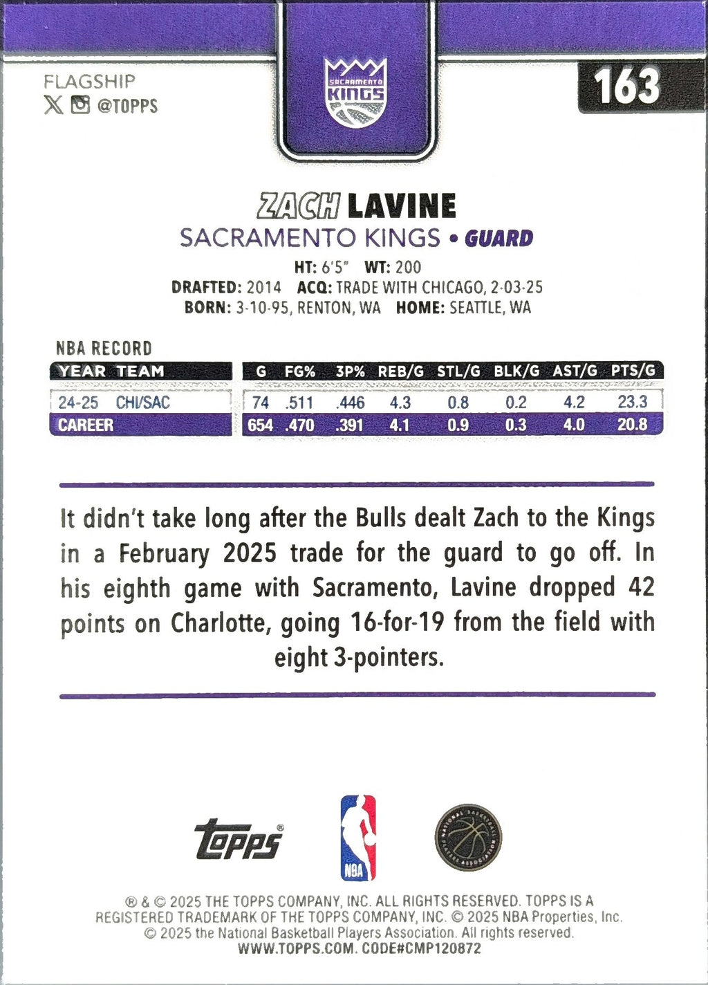 2025-26 Topps Zach LaVine #163 Sacramento Kings back
