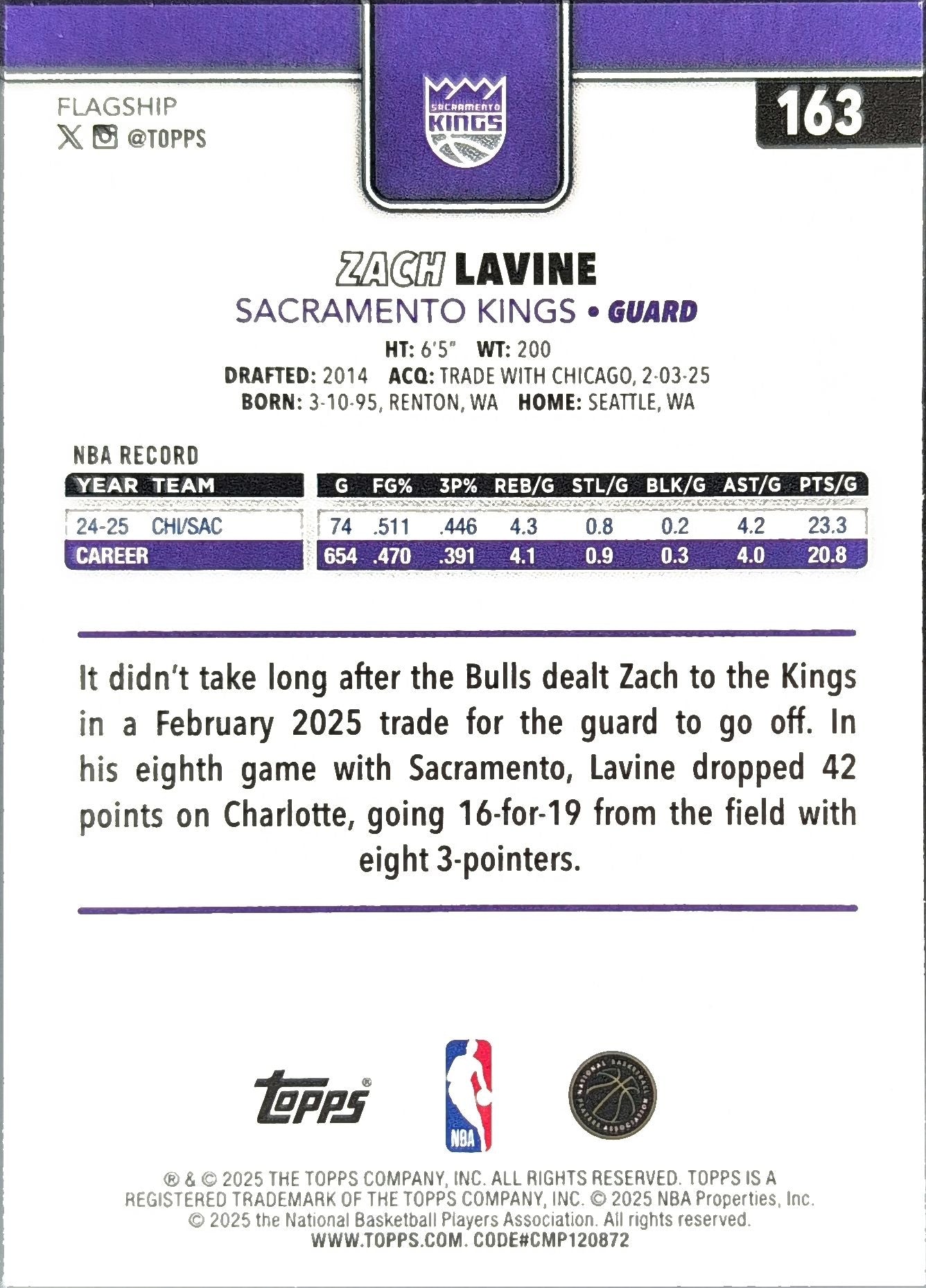 2025-26 Topps Zach LaVine #163 Sacramento Kings back