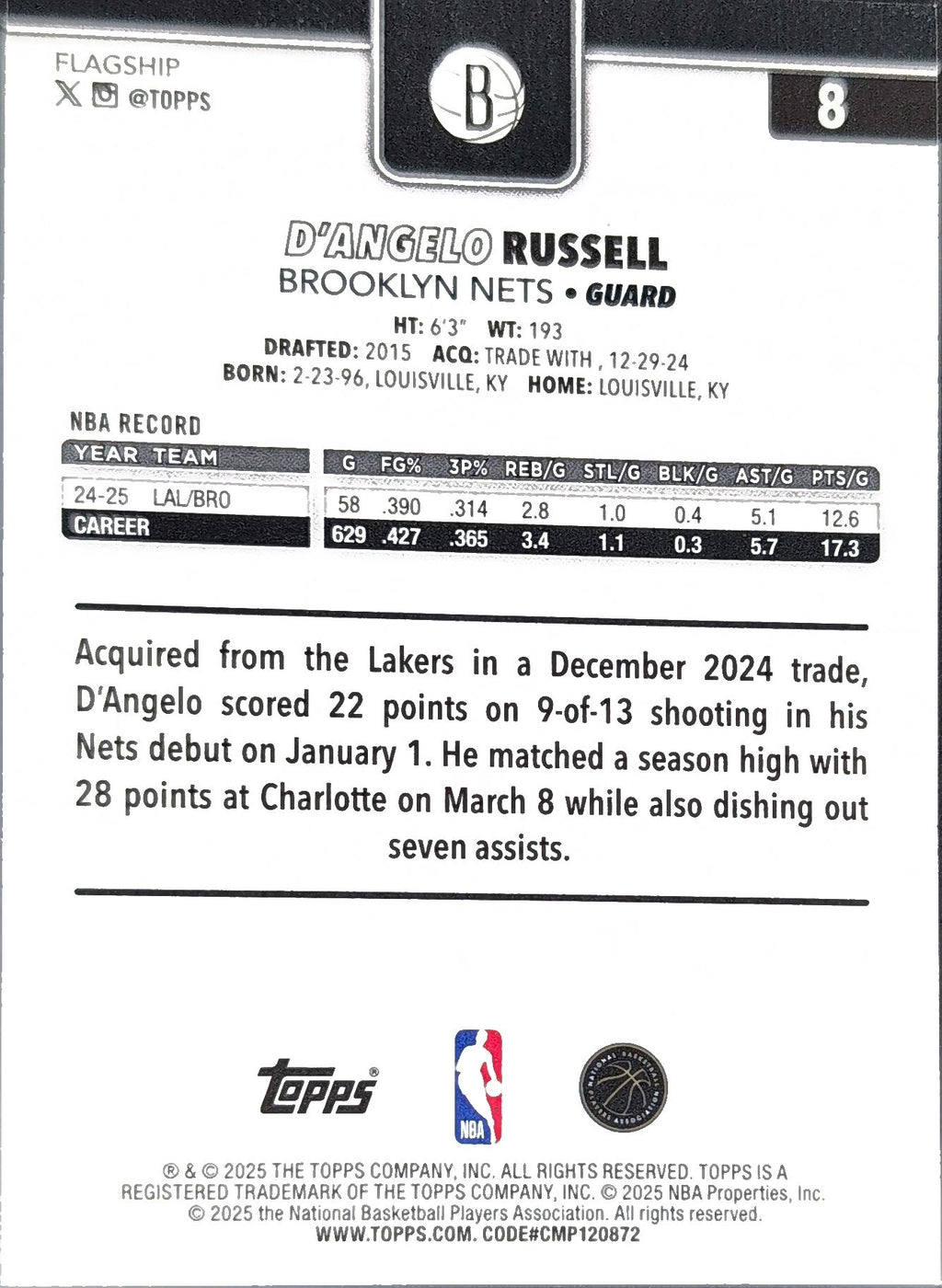 2025-26 Topps D'Angelo Russell #8 Brooklyn Nets back