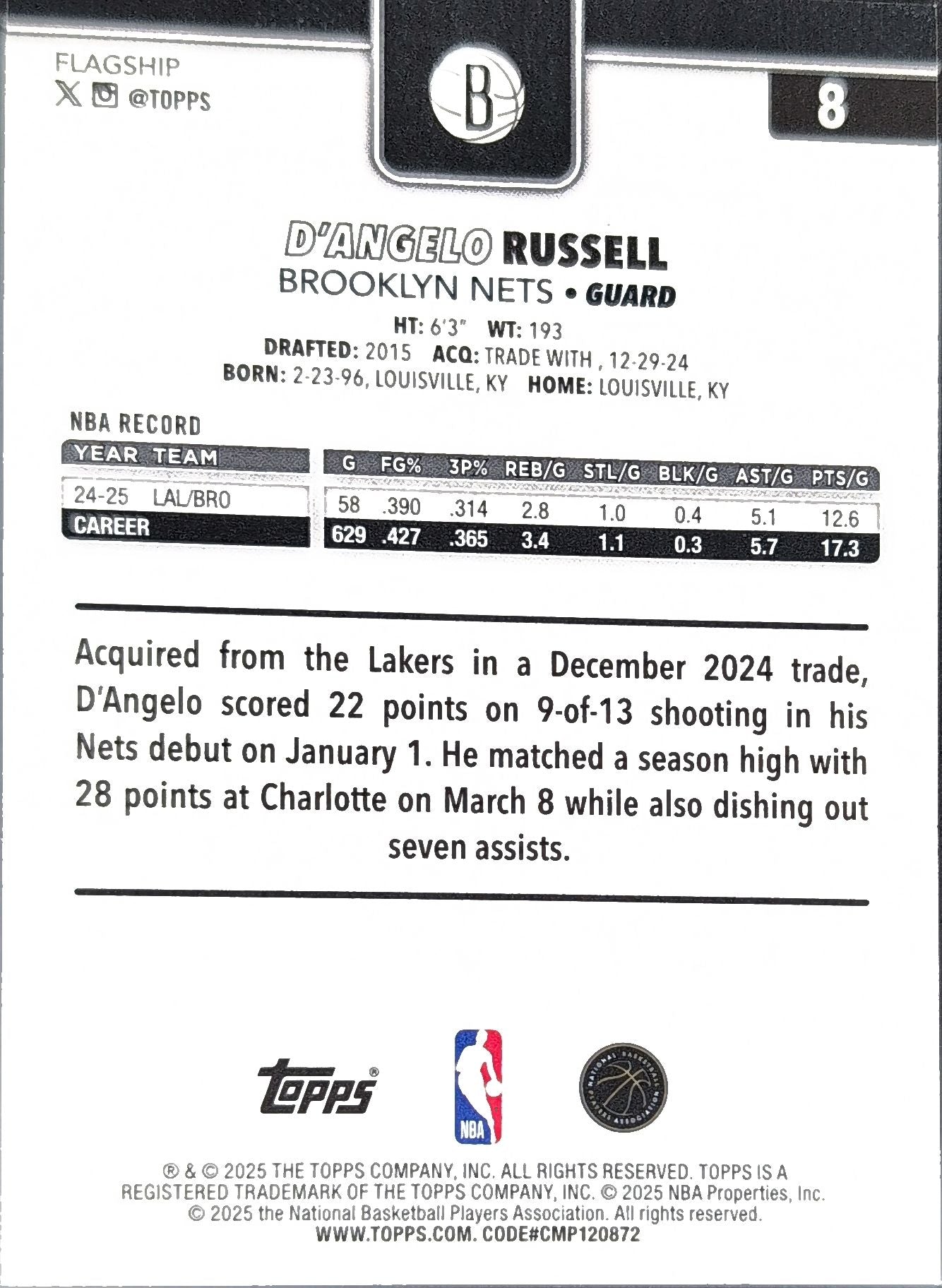 2025-26 Topps D'Angelo Russell #8 Brooklyn Nets back
