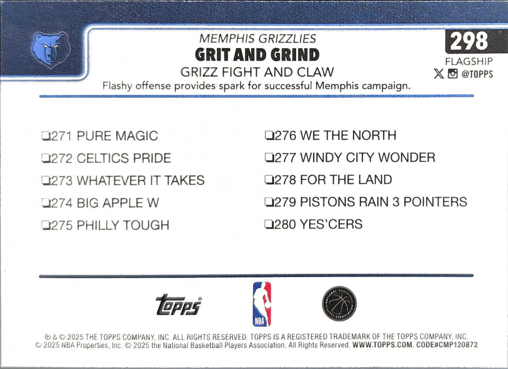 2025-26 Topps Grit and Grind: Grizz Fight and Claw #298 Memphis Grizzlies back