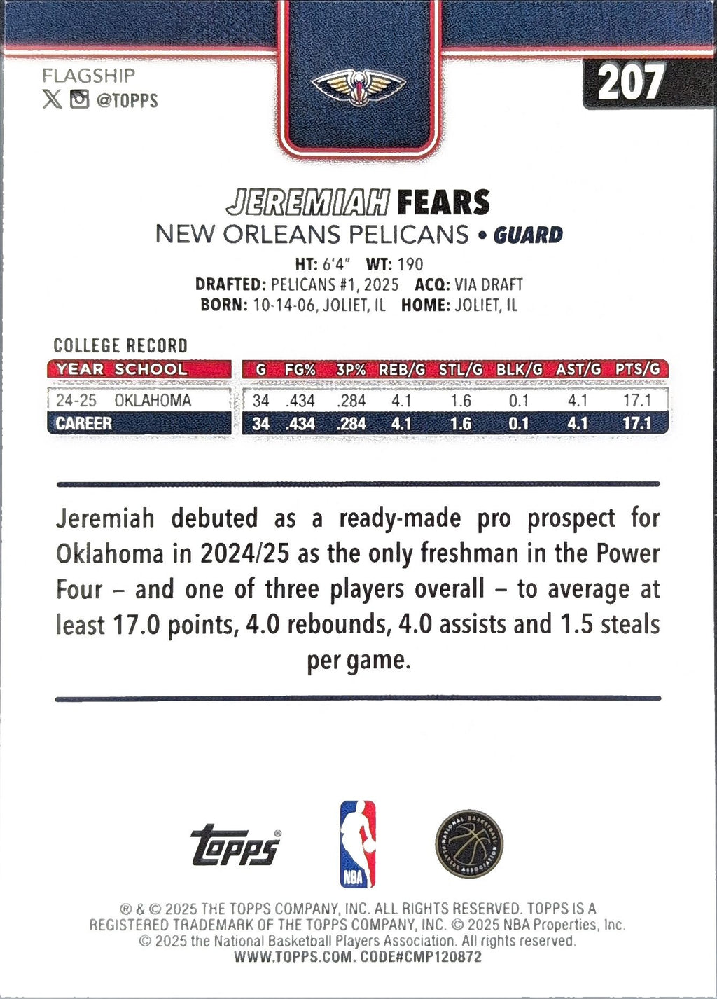 2025-26 Topps Jeremiah Fears #207 RC New Orleans Pelicans back