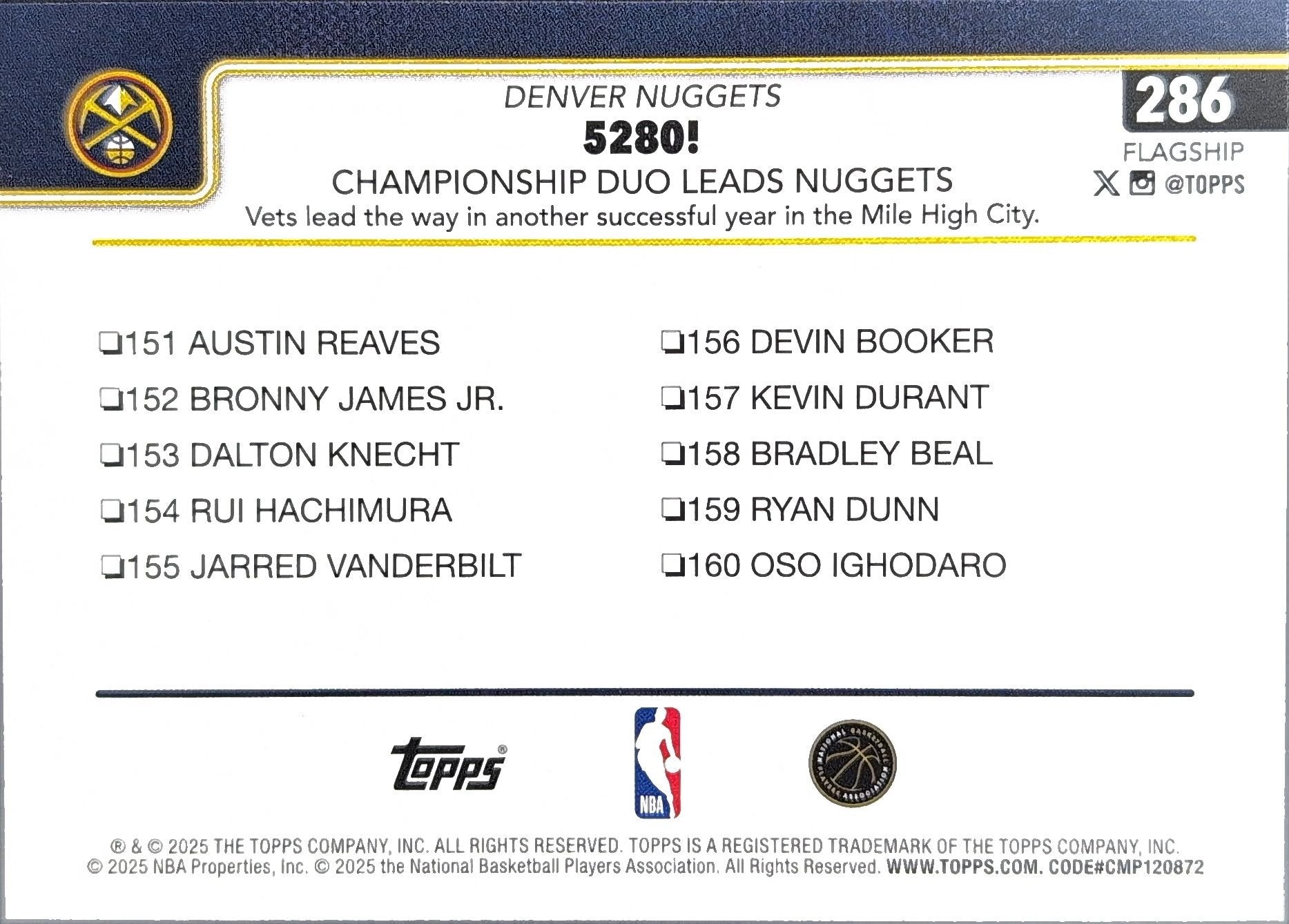 5280!: Championship Duo Leads Nuggets 2025-26 Topps #286 Denver Nuggets - back image