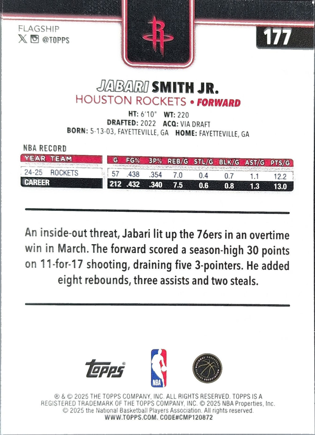 2025-26 Topps Jabari Smith Jr. #177 Houston Rockets back
