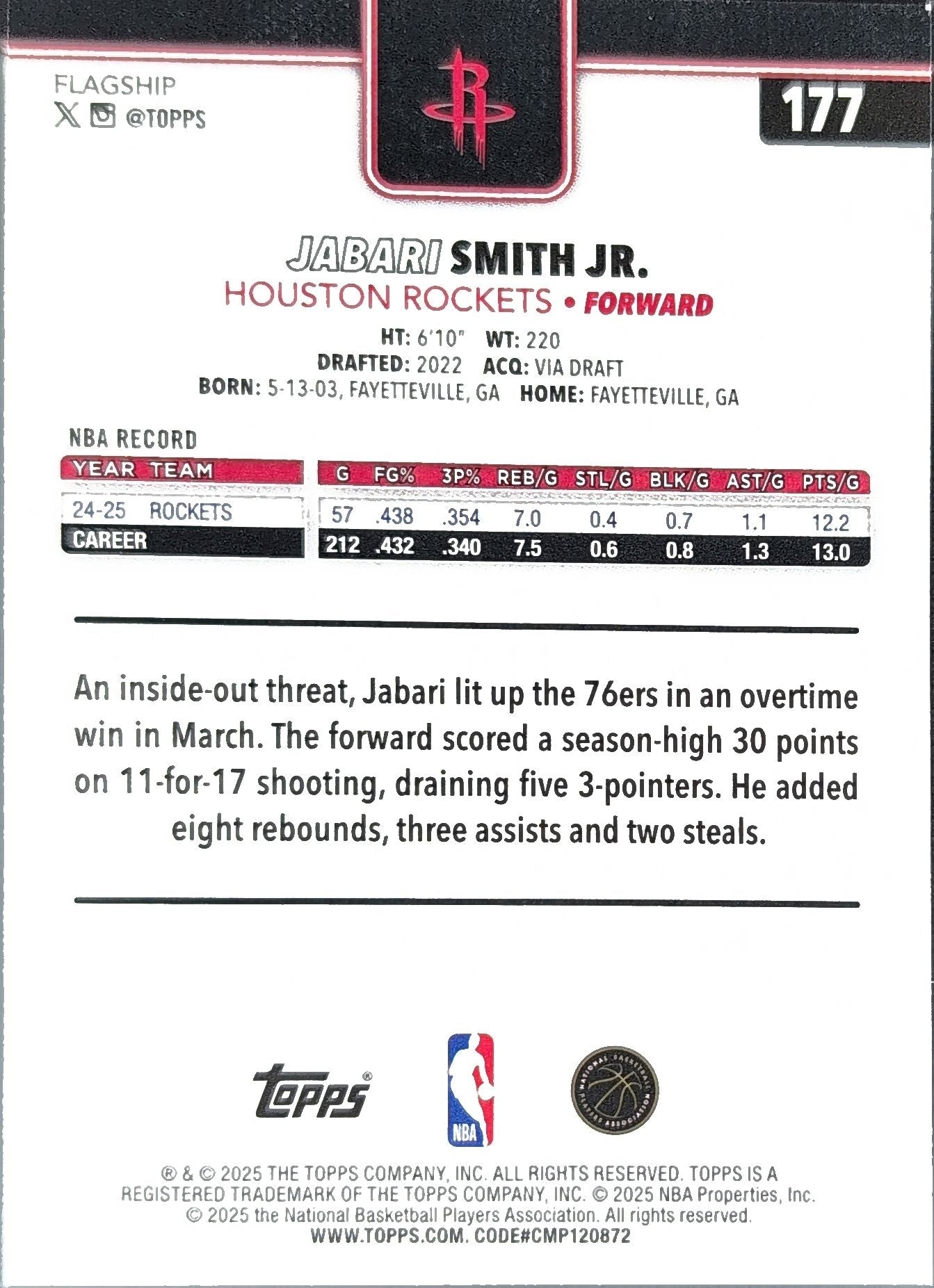2025-26 Topps Jabari Smith Jr. #177 Houston Rockets back