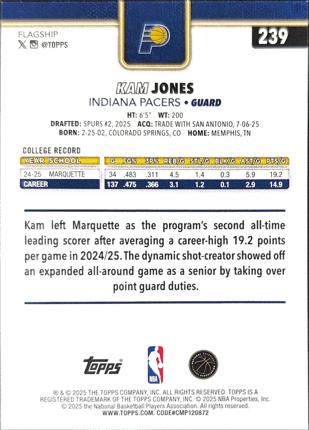 2025-26 Topps Kam Jones #239 RC Indiana Pacers back