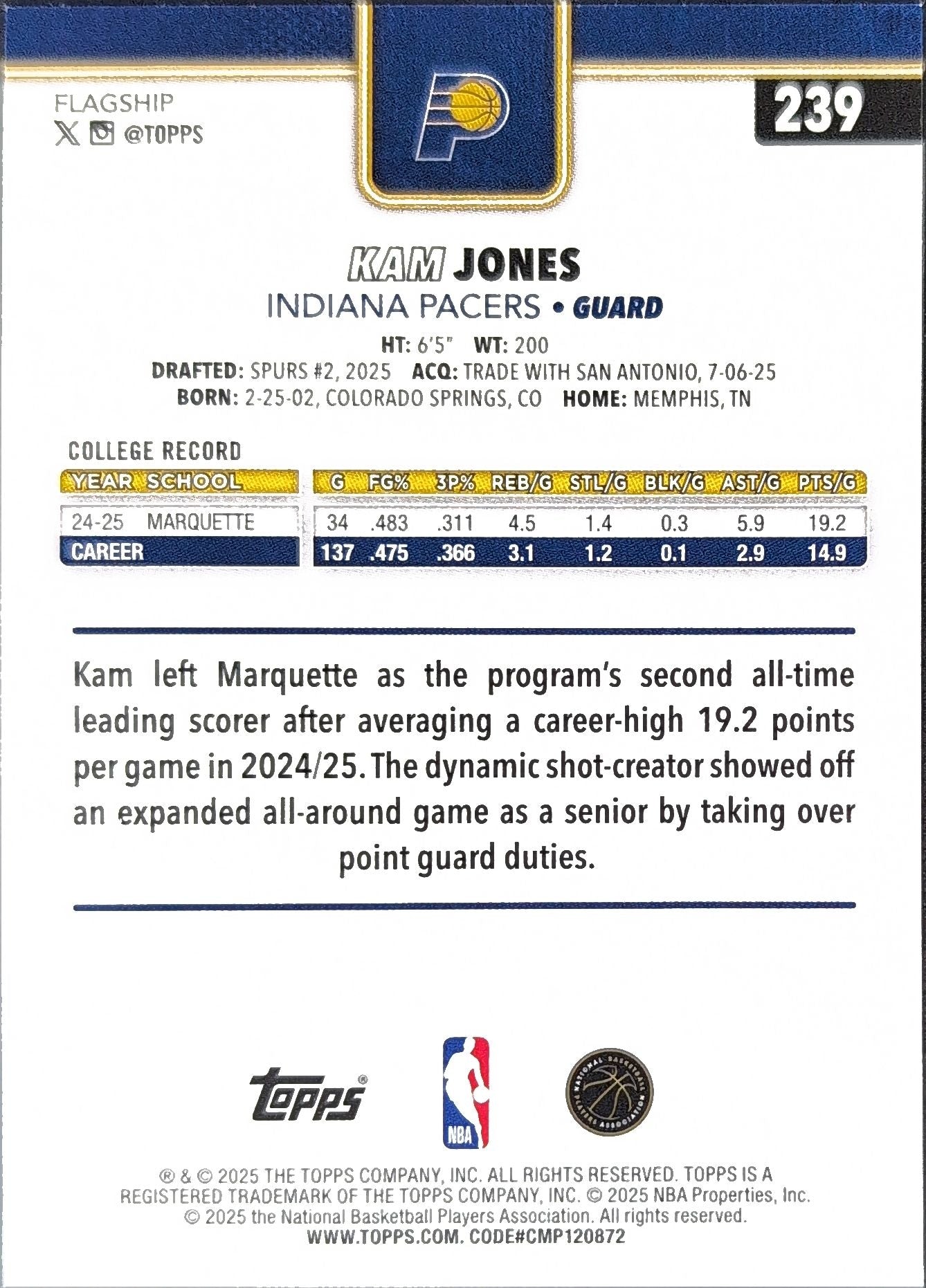 2025-26 Topps Kam Jones #239 RC Indiana Pacers back