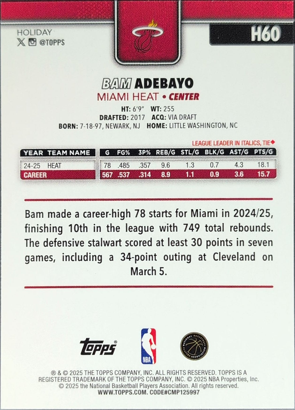 2025-26 Topps Holiday Bam Adebayo #H60 Miami Heat back