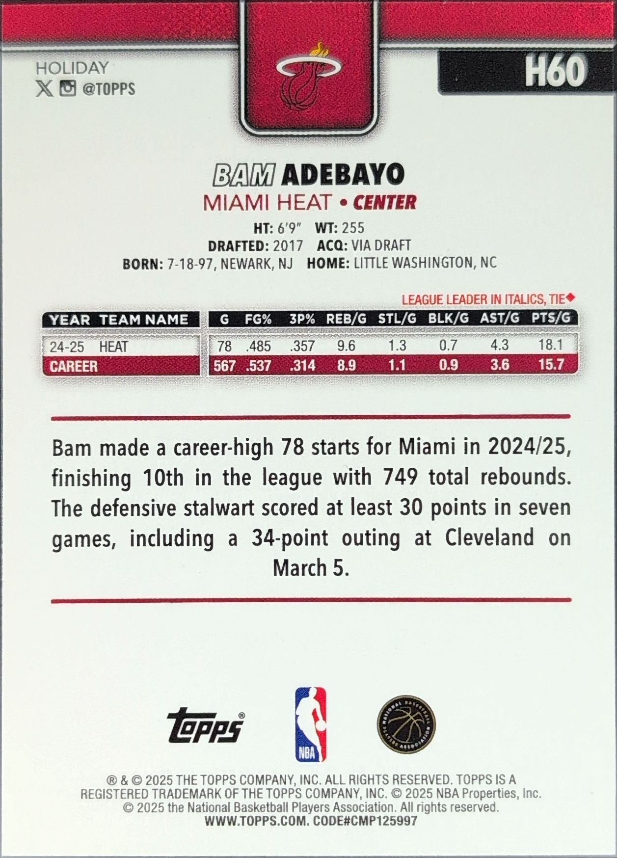 2025-26 Topps Holiday Bam Adebayo #H60 Miami Heat back