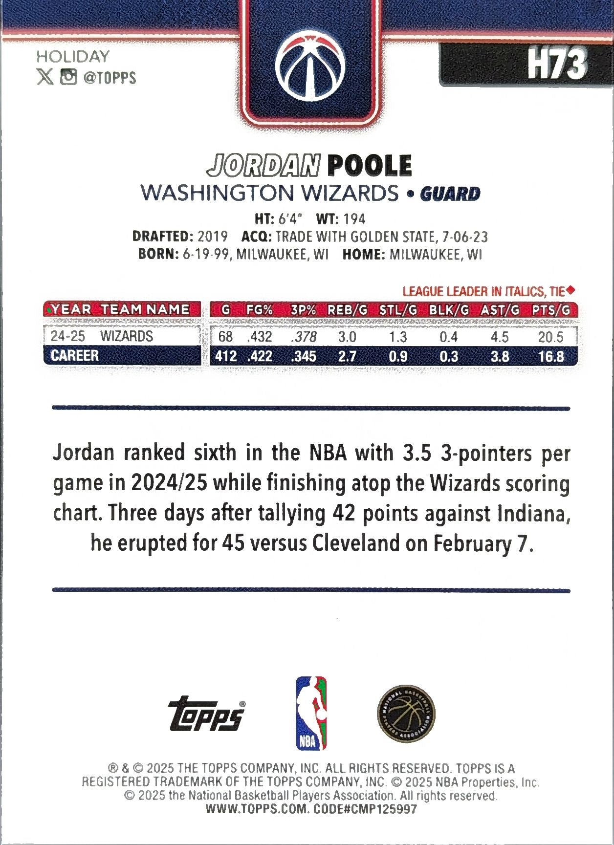 2025-26 Topps Holiday Jordan Poole #H73 Washington Wizards back