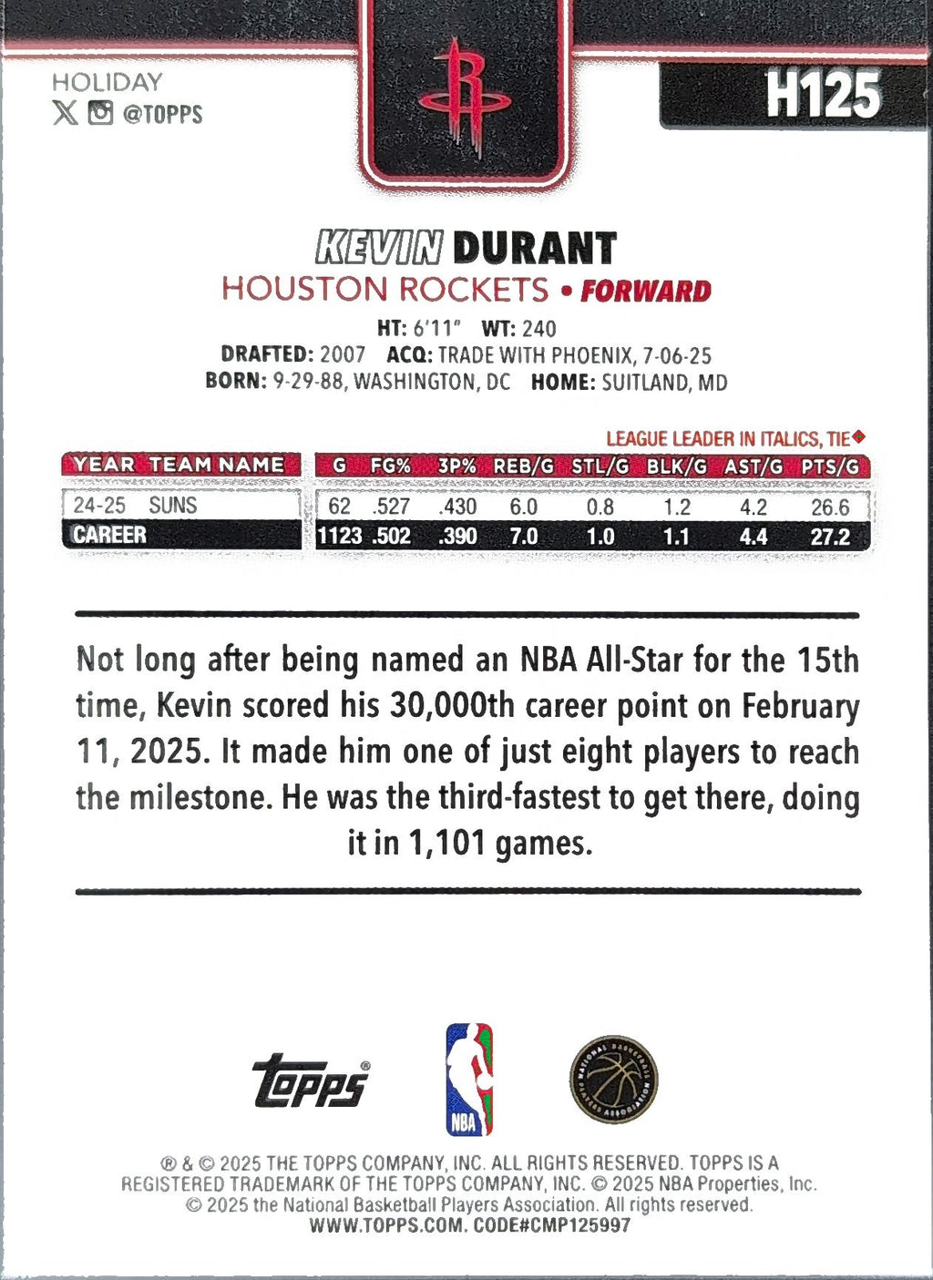 2025-26 Topps Holiday Kevin Durant #H125 Houston Rockets back