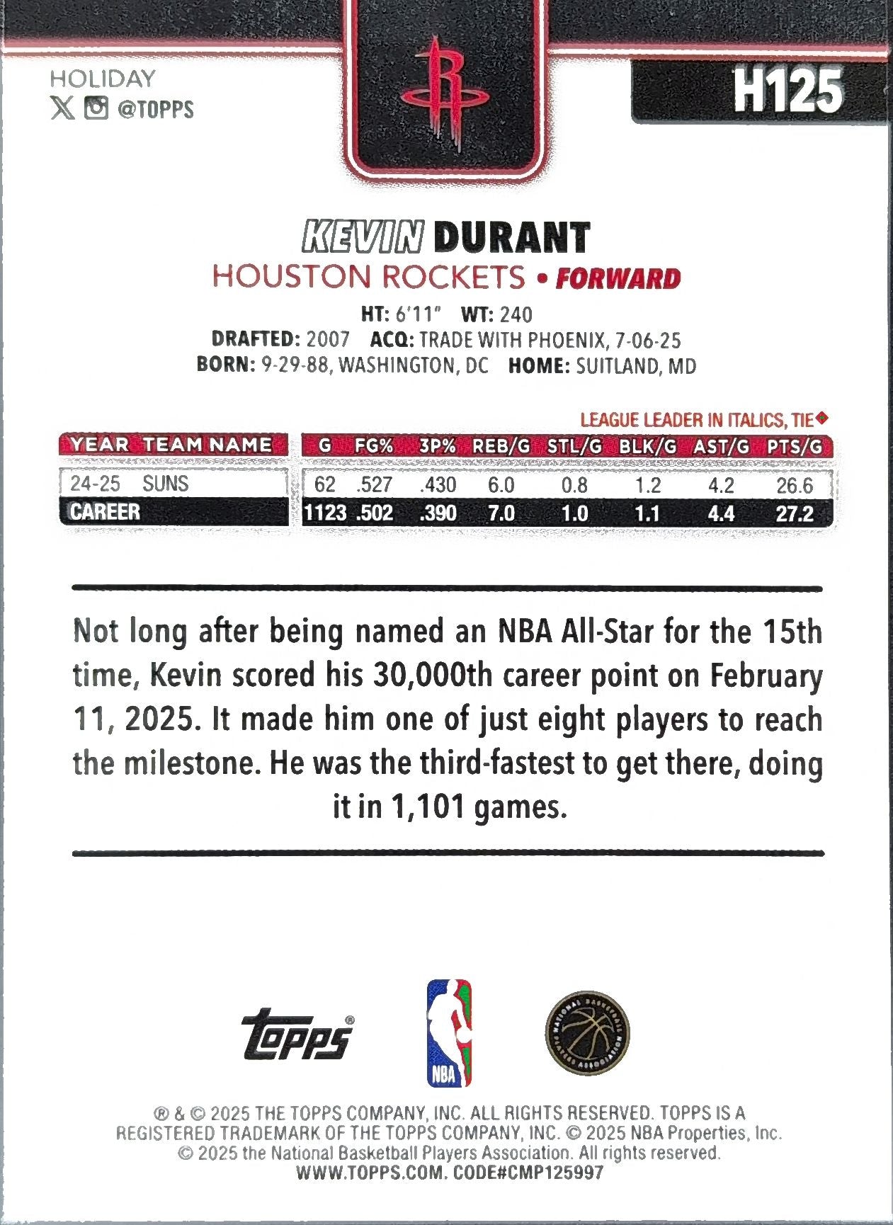 2025-26 Topps Holiday Kevin Durant #H125 Houston Rockets back