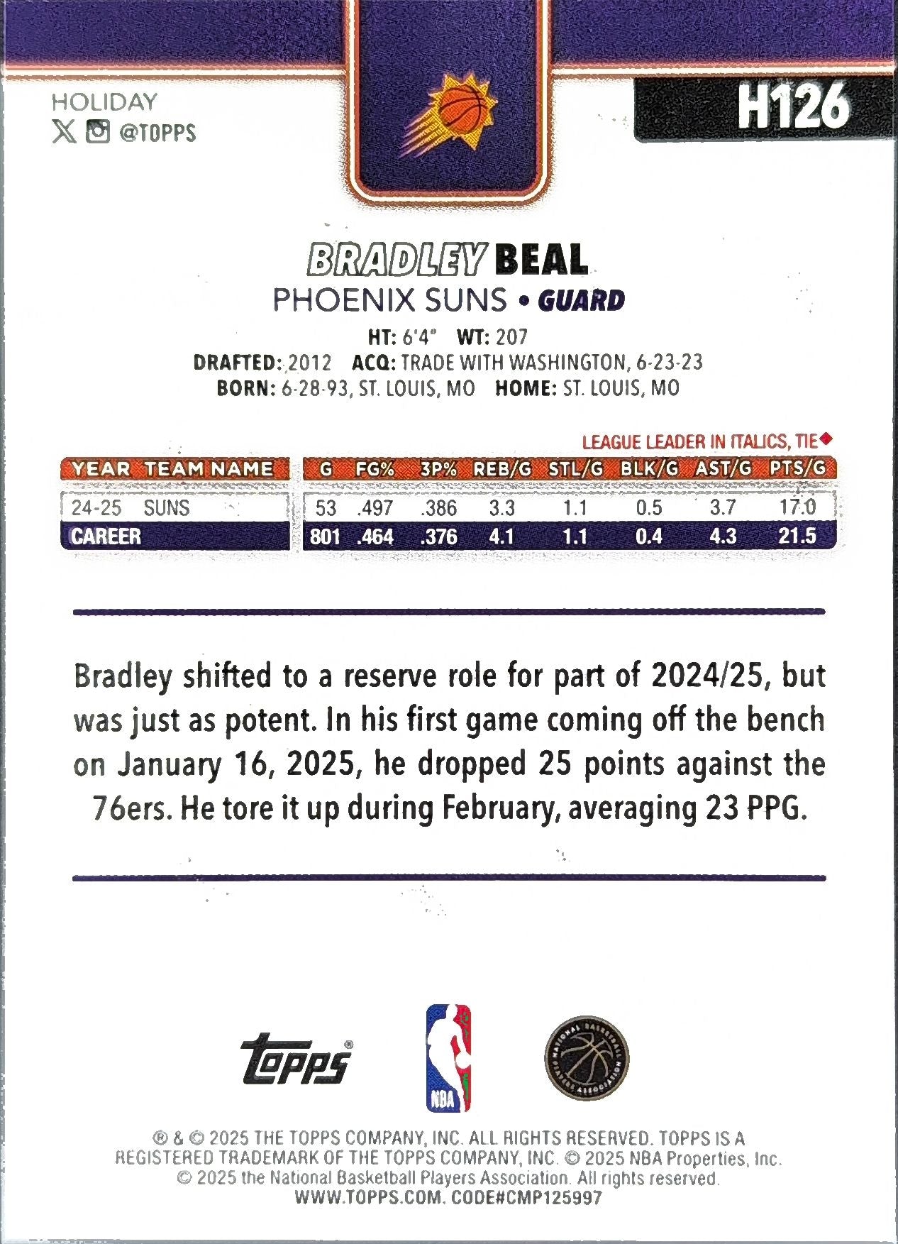 2025-26 Topps Holiday Bradley Beal #H126 Phoenix Suns back