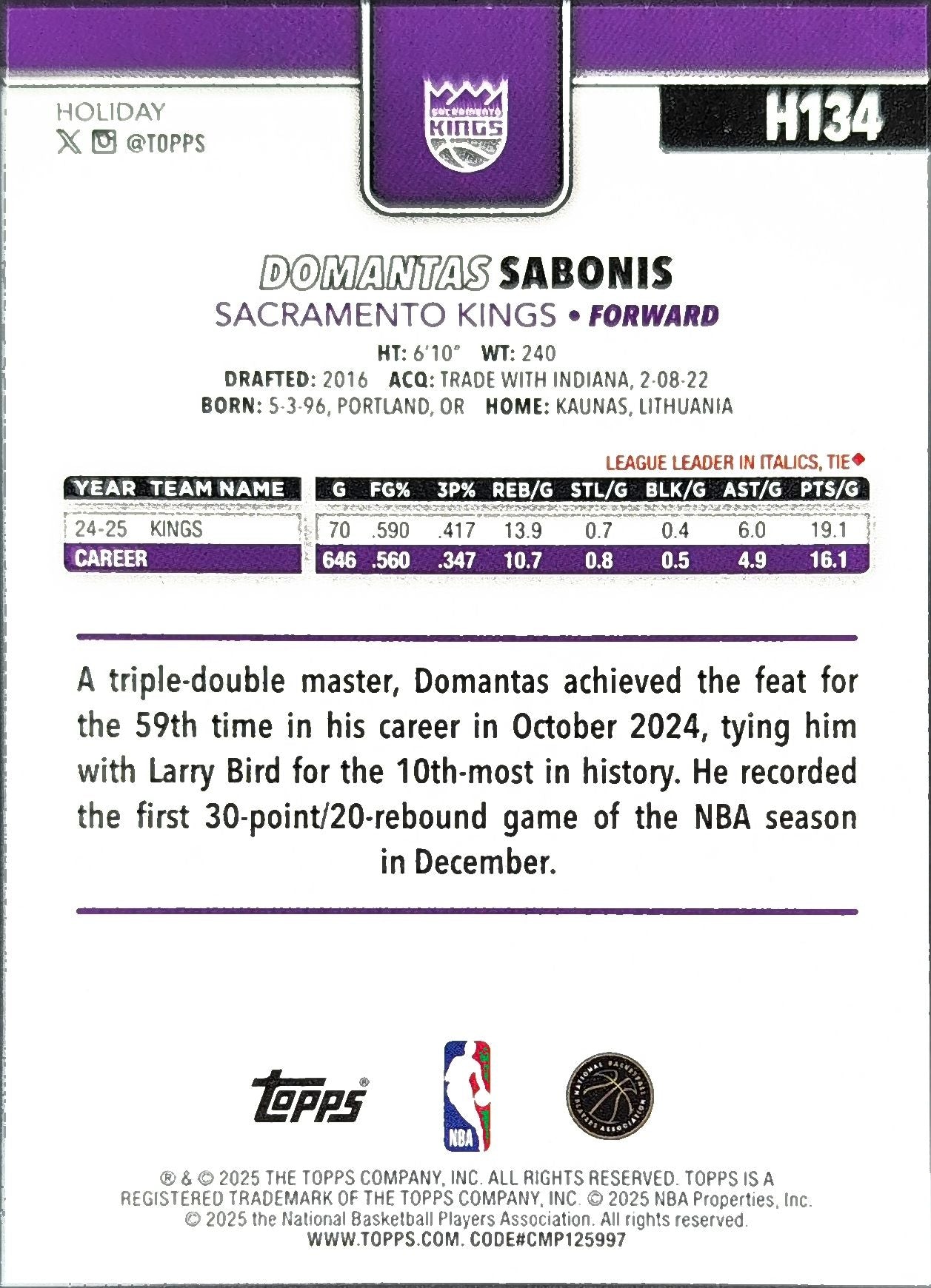 Domantas Sabonis 2025-26 Topps Holiday #H134 Sacramento Kings
