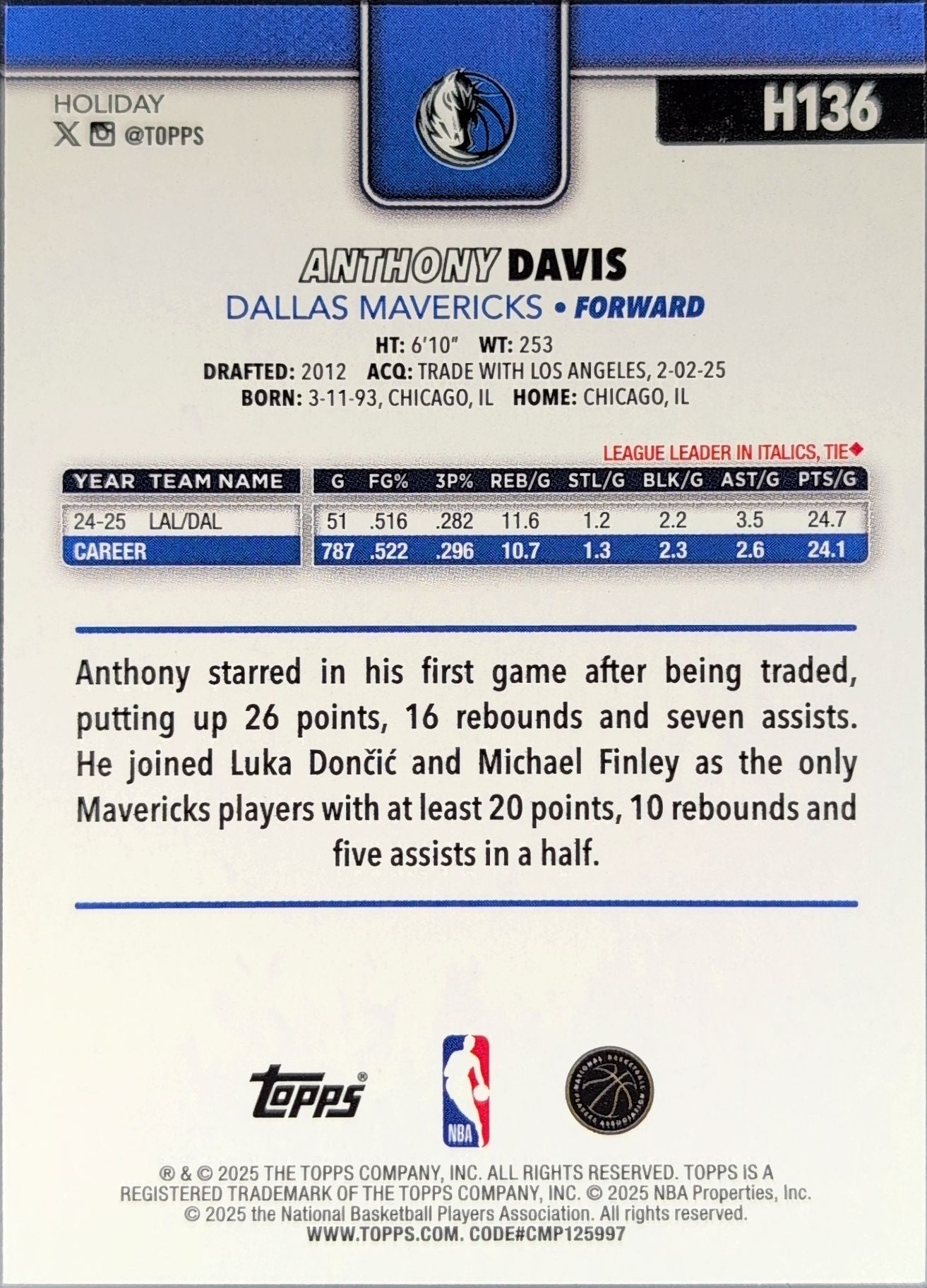 2025-26 Topps Holiday Anthony Davis #H136 Dallas Mavericks back