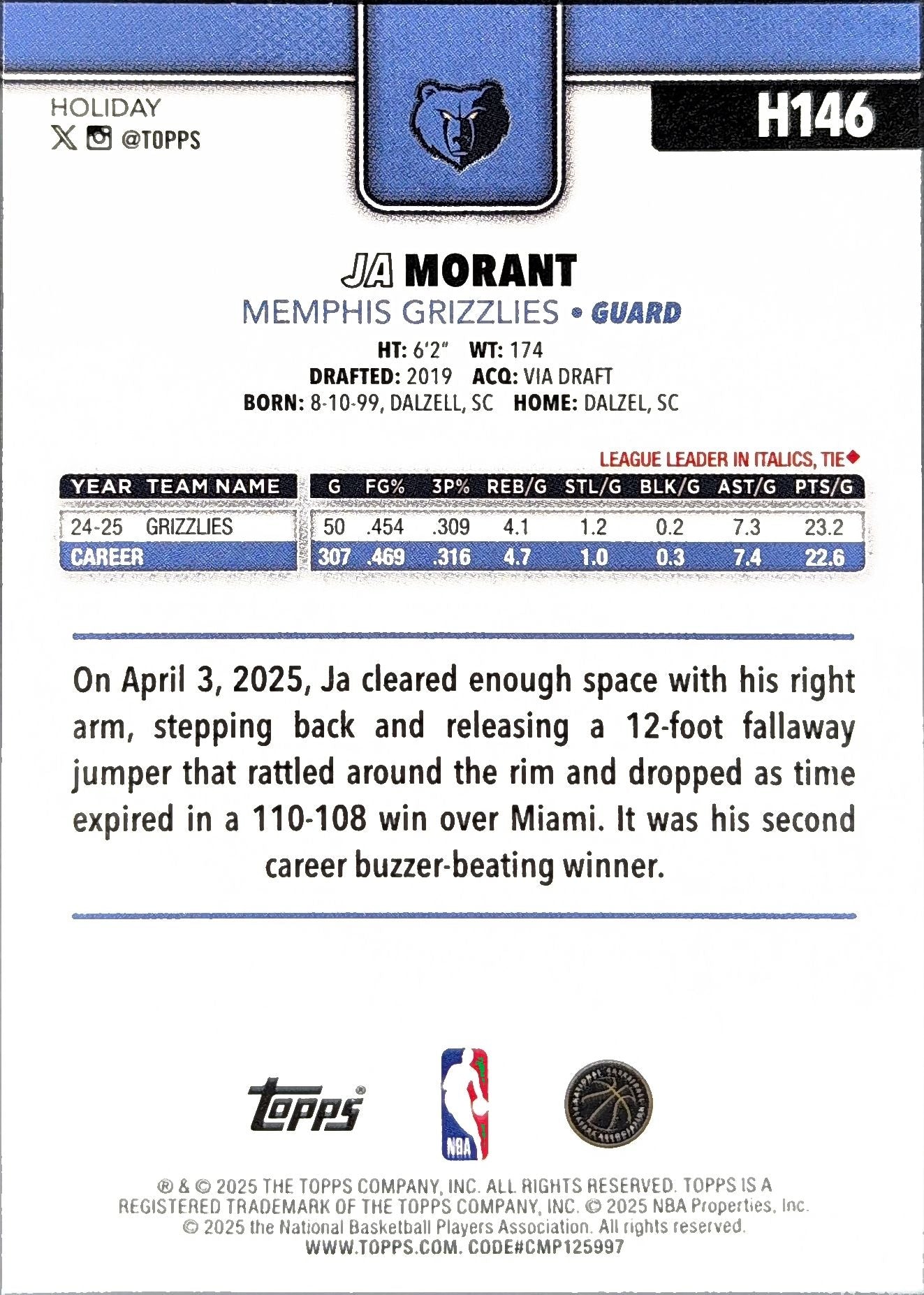 2025-26 Topps Ja Morant #182 Memphis Grizzlies back