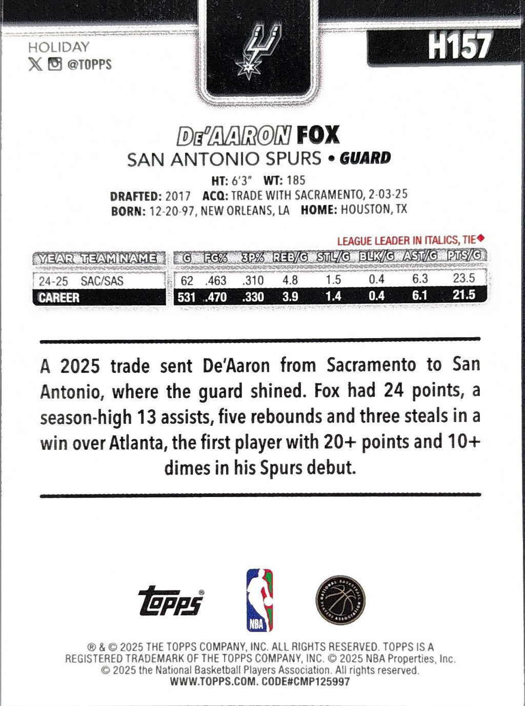 2025-26 Topps Holiday De'Aaron Fox #H157 San Antonio Spurs back