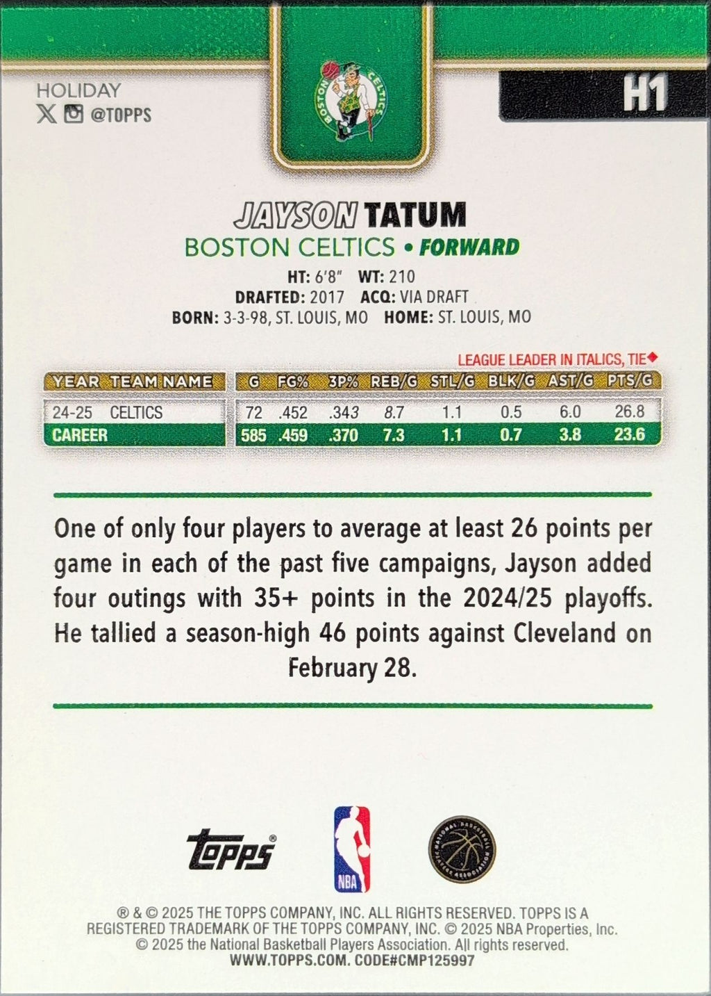 2025-26 Topps Holiday Jayson Tatum #H1 Boston Celtics back