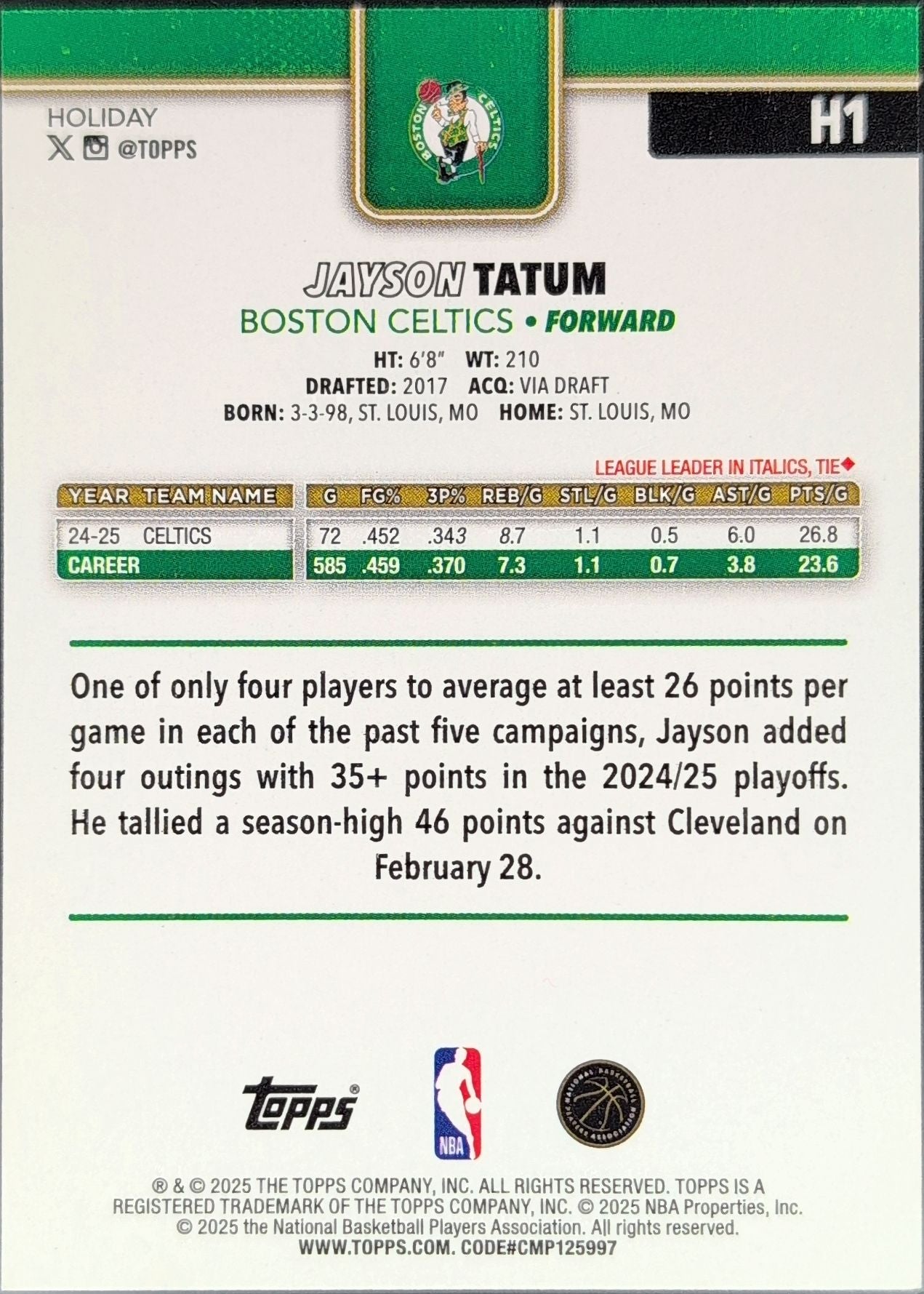 2025-26 Topps Holiday Jayson Tatum #H1 Boston Celtics back