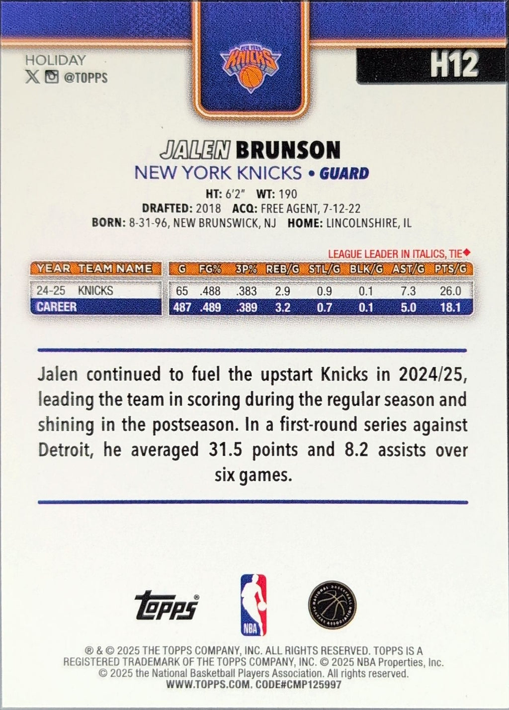 2025-26 Topps Holiday Jalen Brunson #H12 New York Knicks back