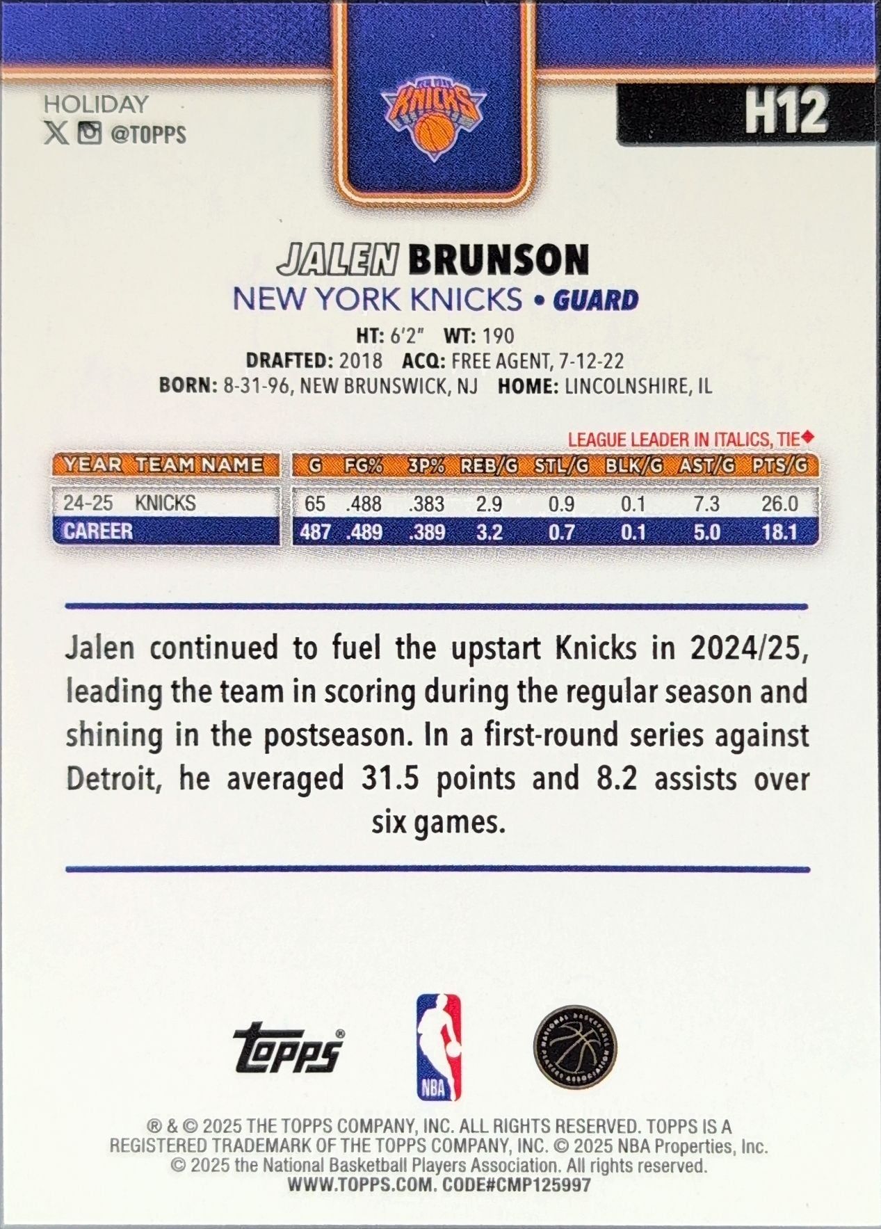 2025-26 Topps Holiday Jalen Brunson #H12 New York Knicks back