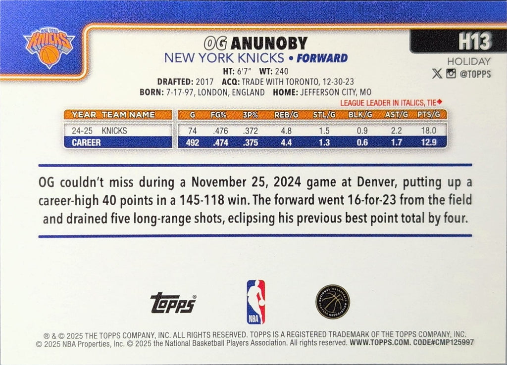 2025-26 Topps Holiday OG Anunoby #H13 New York Knicks back