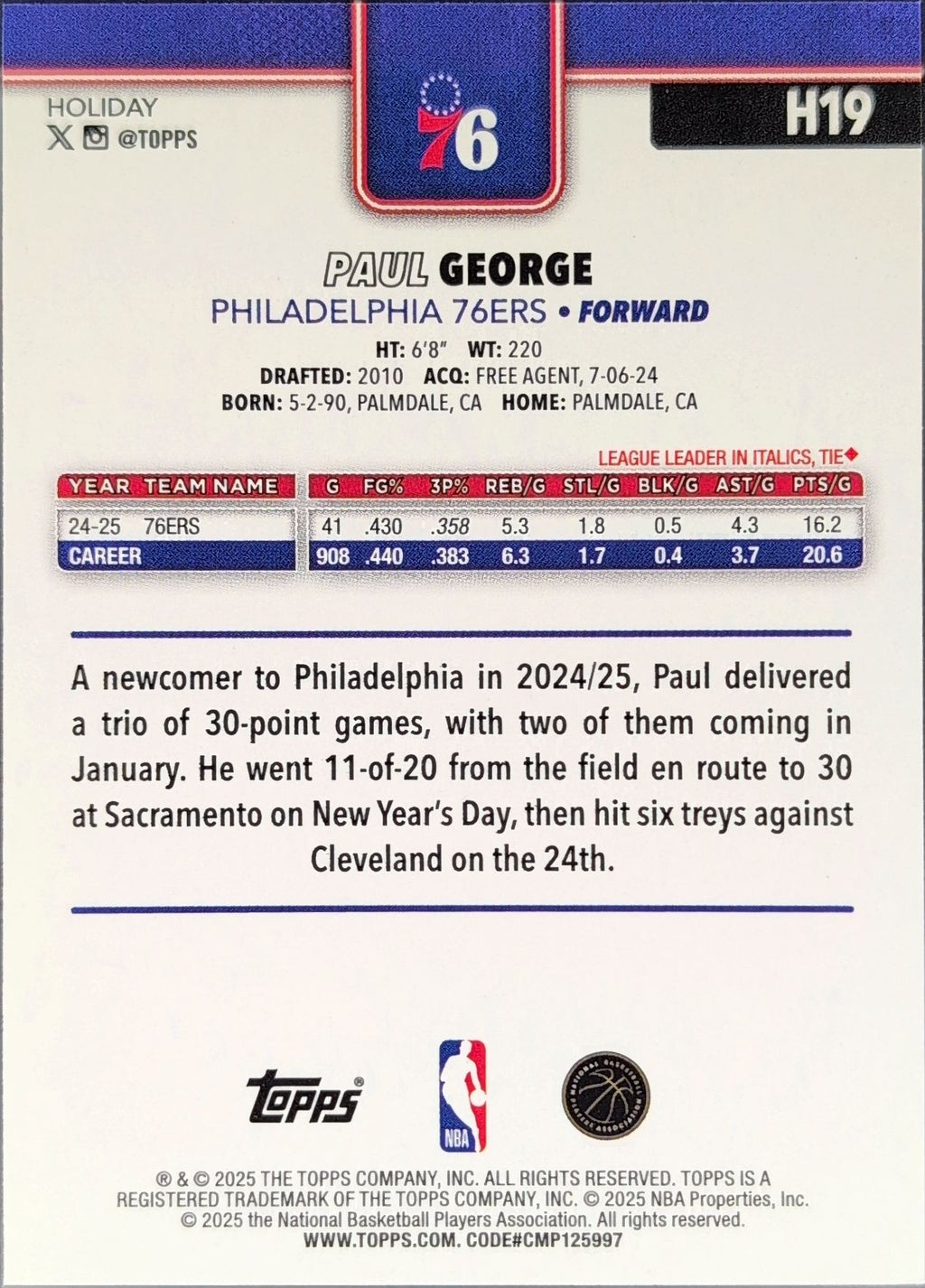 2025-26 Topps Holiday Paul George #H19 Philadelphia 76ers back