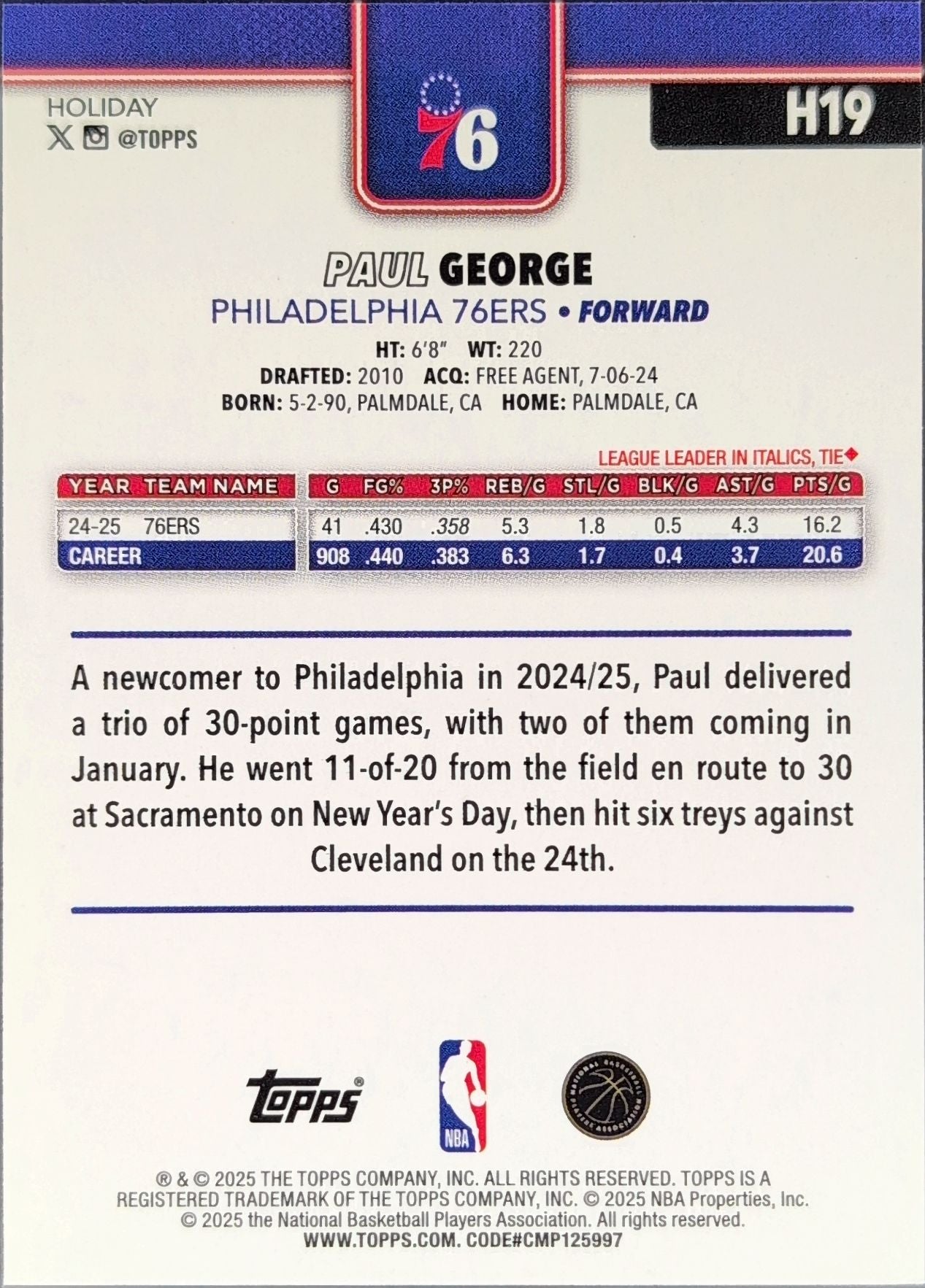 2025-26 Topps Holiday Paul George #H19 Philadelphia 76ers back