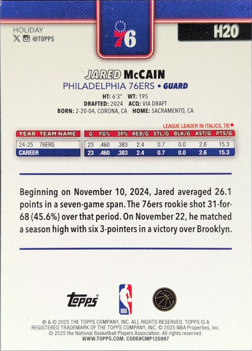 2025-26 Topps Holiday Jared McCain #H20 Philadelphia 76ers back