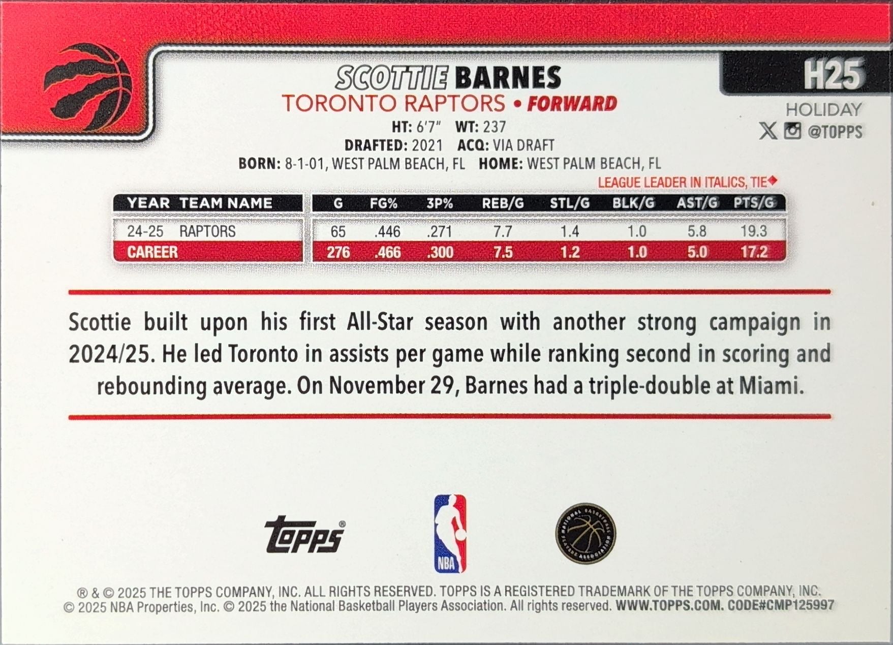 2025-26 Topps Holiday Scottie Barnes #H25 Toronto Raptors back