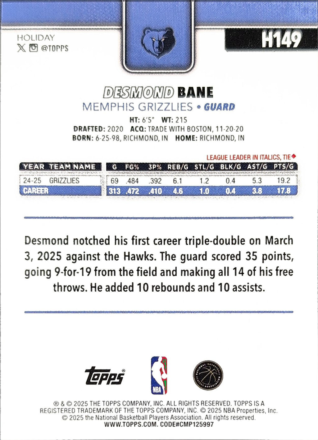 2025-26 Topps Desmond Bane #185 Memphis Grizzlies back