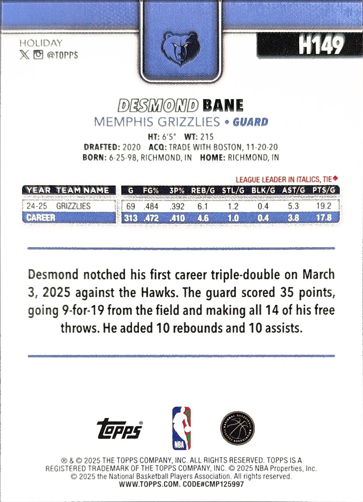 2025-26 Topps Desmond Bane #185 Memphis Grizzlies back
