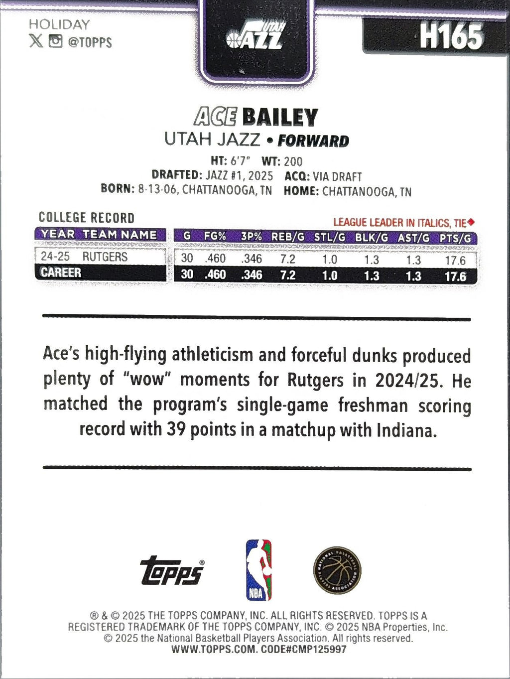 Ace Bailey 2025-26 Topps Holiday #H165 Rookie RC Utah Jazz - back image