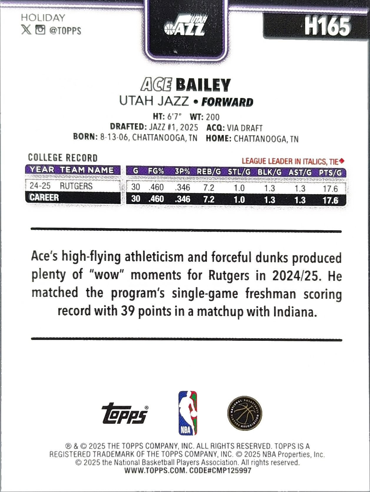 Ace Bailey 2025-26 Topps Holiday #H165 Rookie RC Utah Jazz - back image