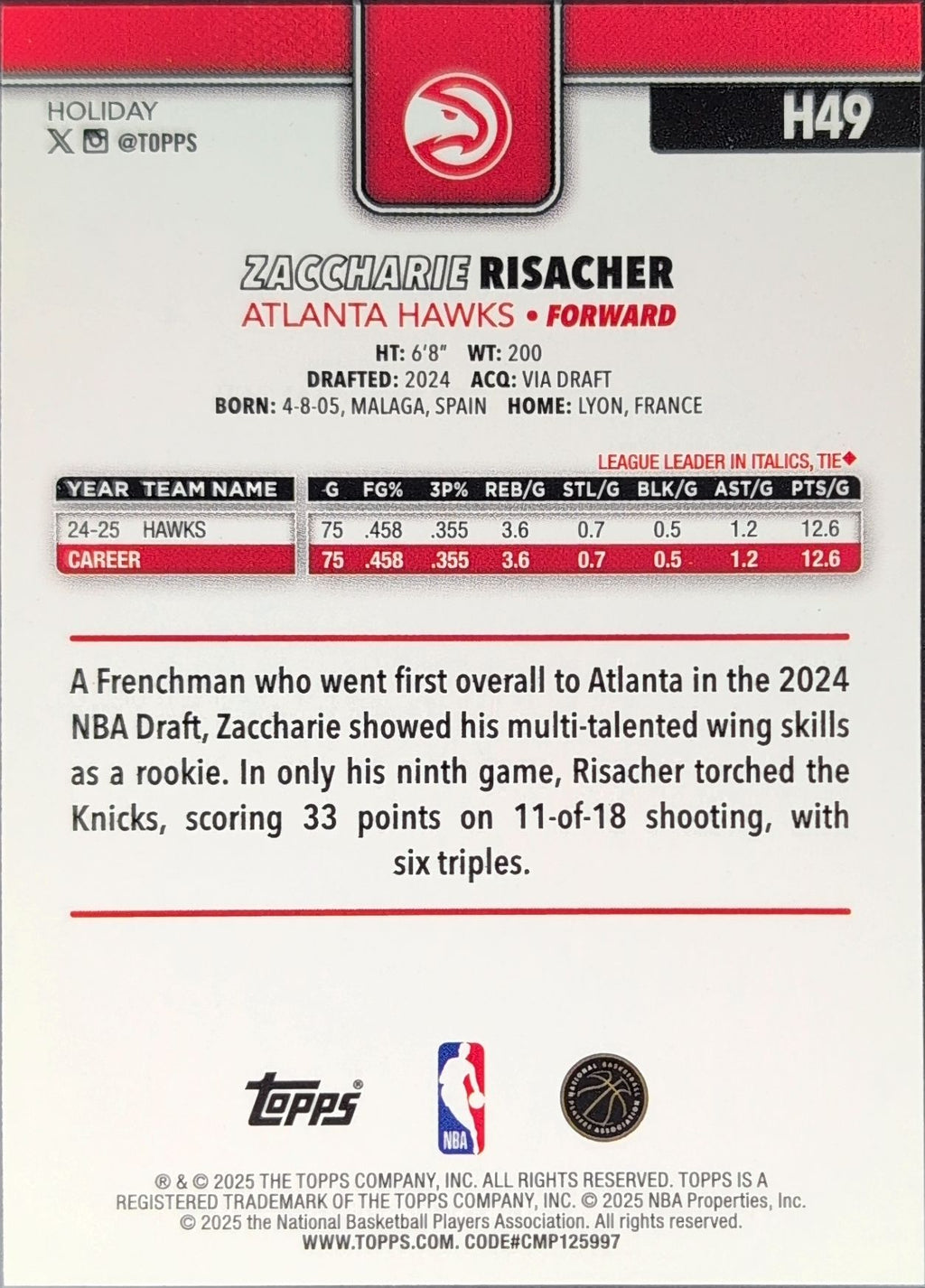 2025-26 Topps Holiday Zaccharie Risacher #H49 Atlanta Hawks back
