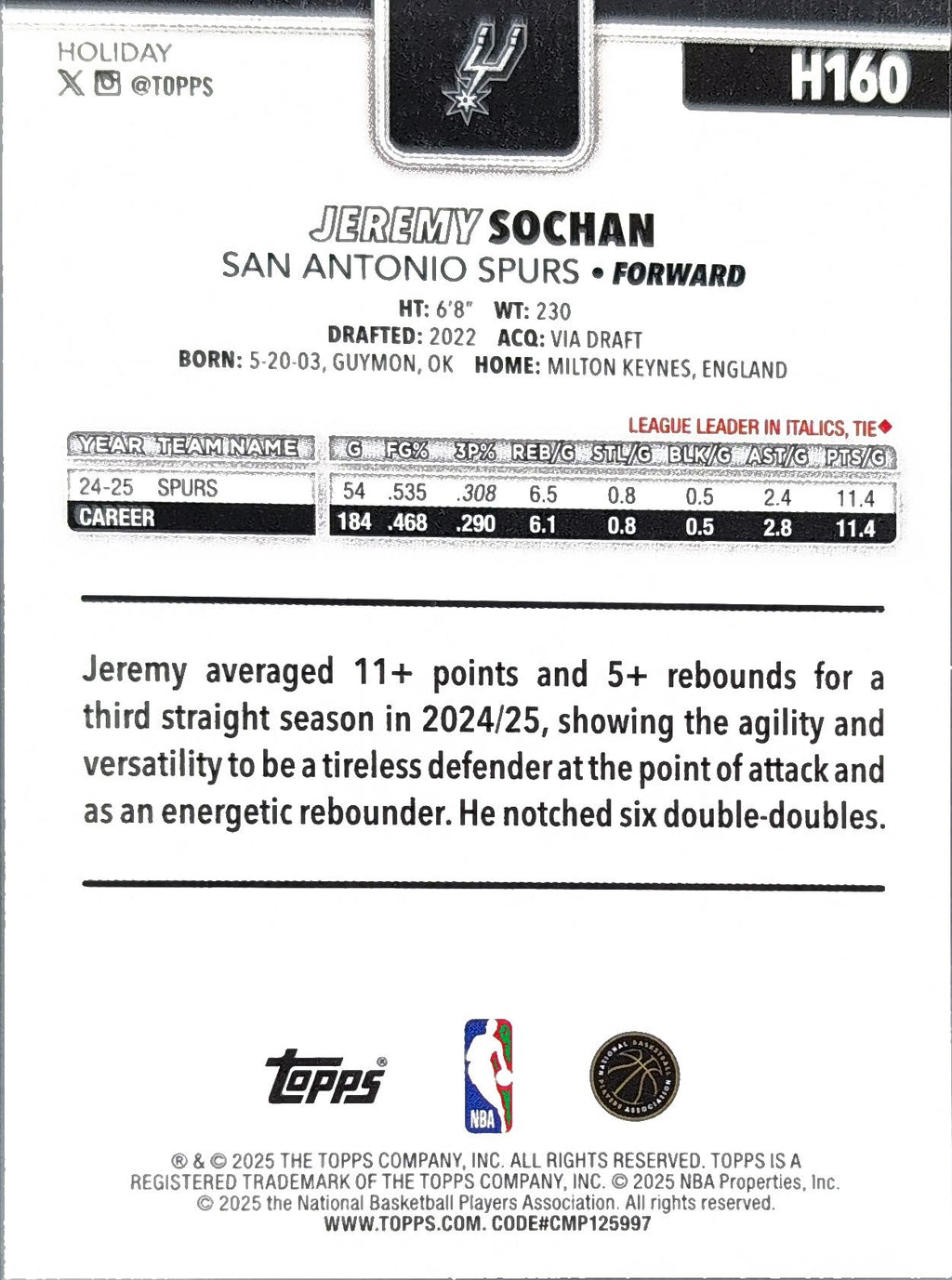 2025-26 Topps Holiday Jeremy Sochan #H160 San Antonio Spurs back