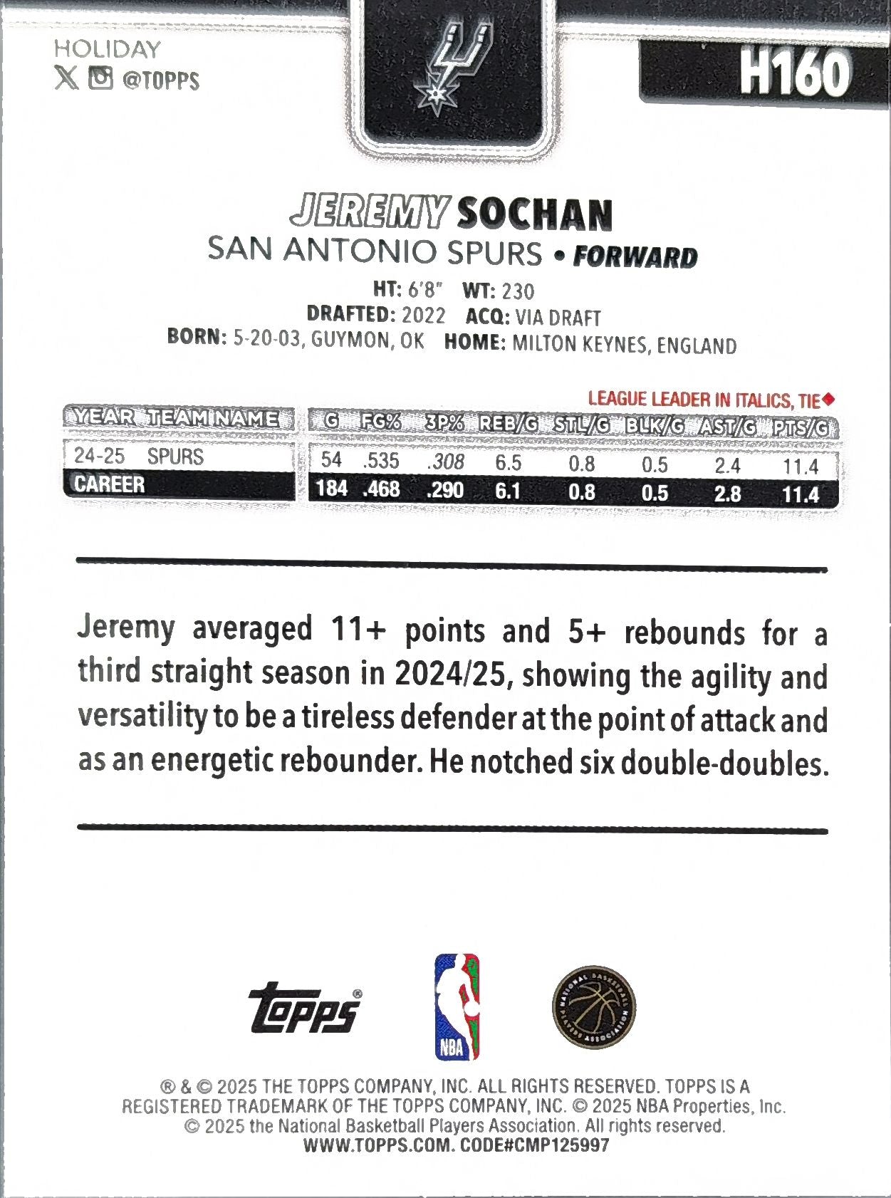 2025-26 Topps Holiday Jeremy Sochan #H160 San Antonio Spurs back
