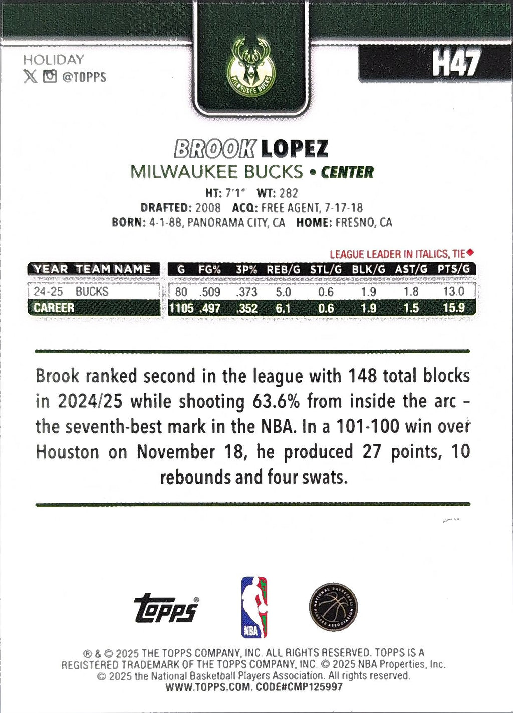 2025-26 Topps Holiday Brook Lopez #H47 Milwaukee Bucks back
