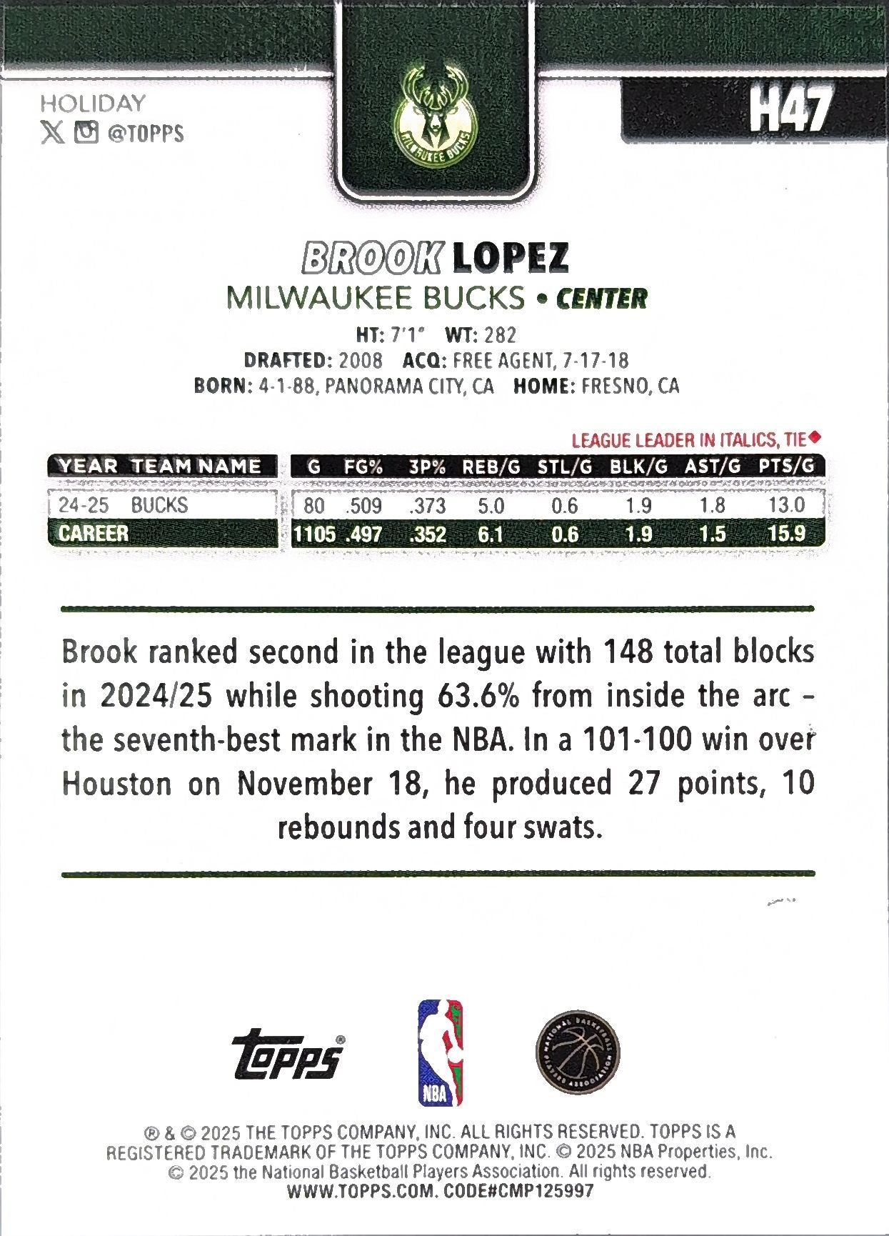 2025-26 Topps Holiday Brook Lopez #H47 Milwaukee Bucks back