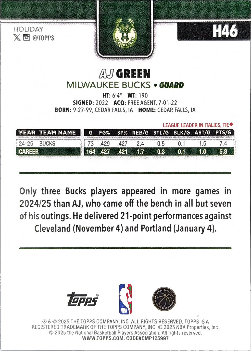 A.J. Green 2025-26 Topps Holiday #H46 Milwaukee Bucks - back image