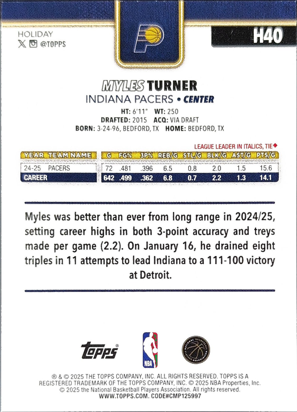 2025-26 Topps Holiday Myles Turner #H40 Indiana Pacers back