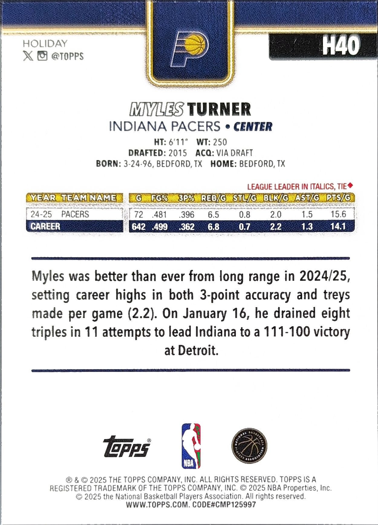 2025-26 Topps Holiday Myles Turner #H40 Indiana Pacers back