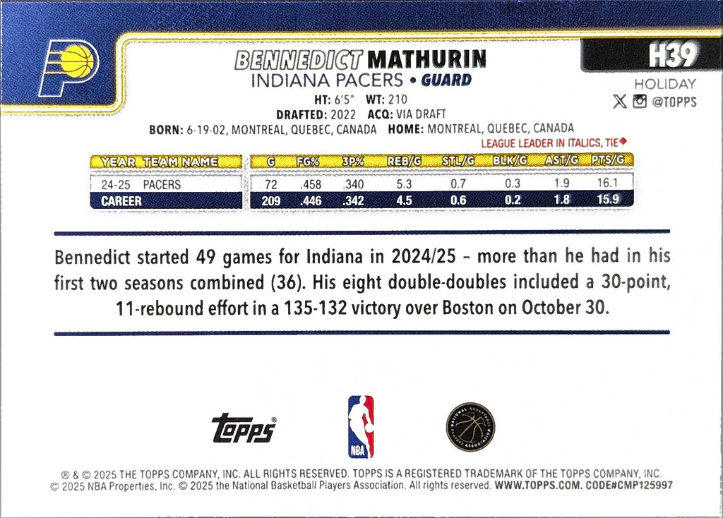 2025-26 Topps Holiday Bennedict Mathurin #H39 Indiana Pacers back