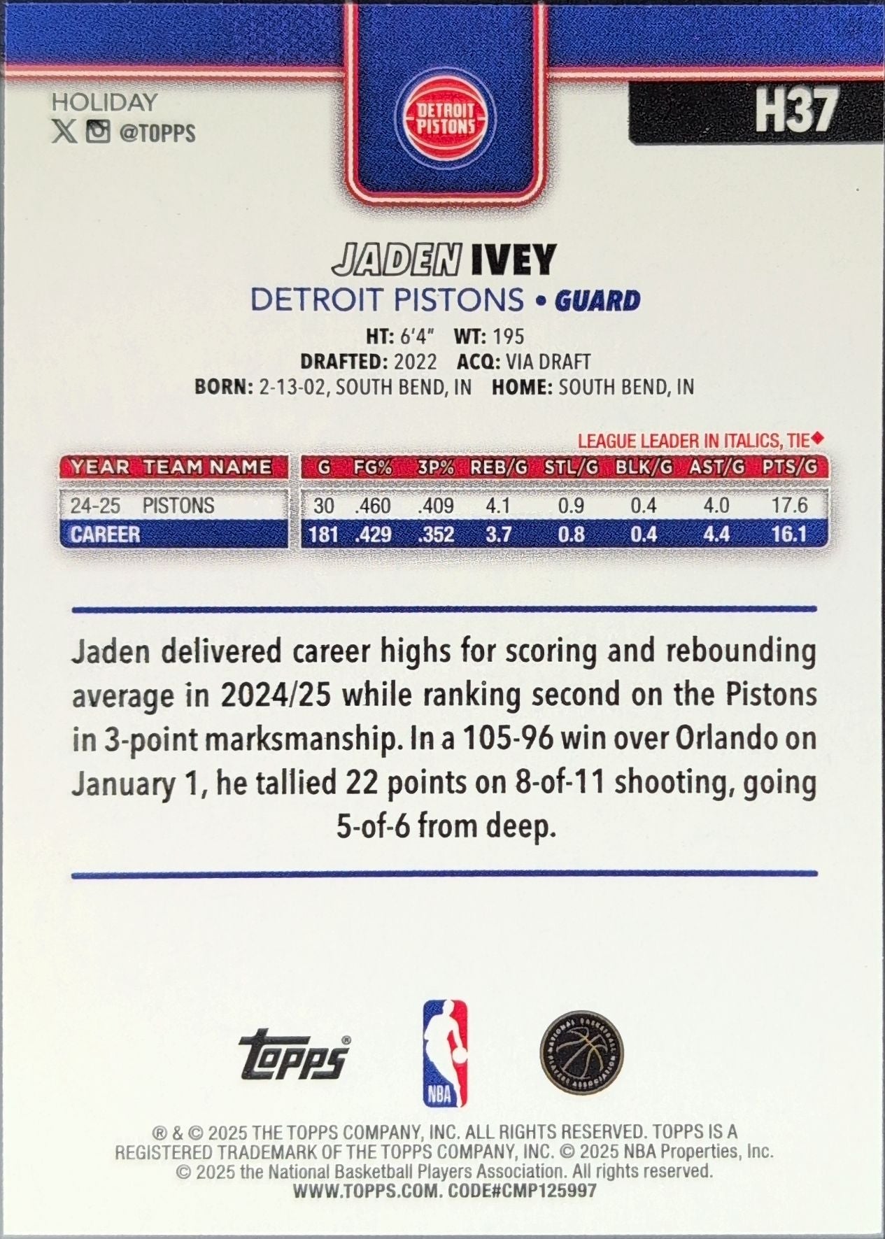 2025-26 Topps Holiday Jaden Ivey #H37 Detroit Pistons back