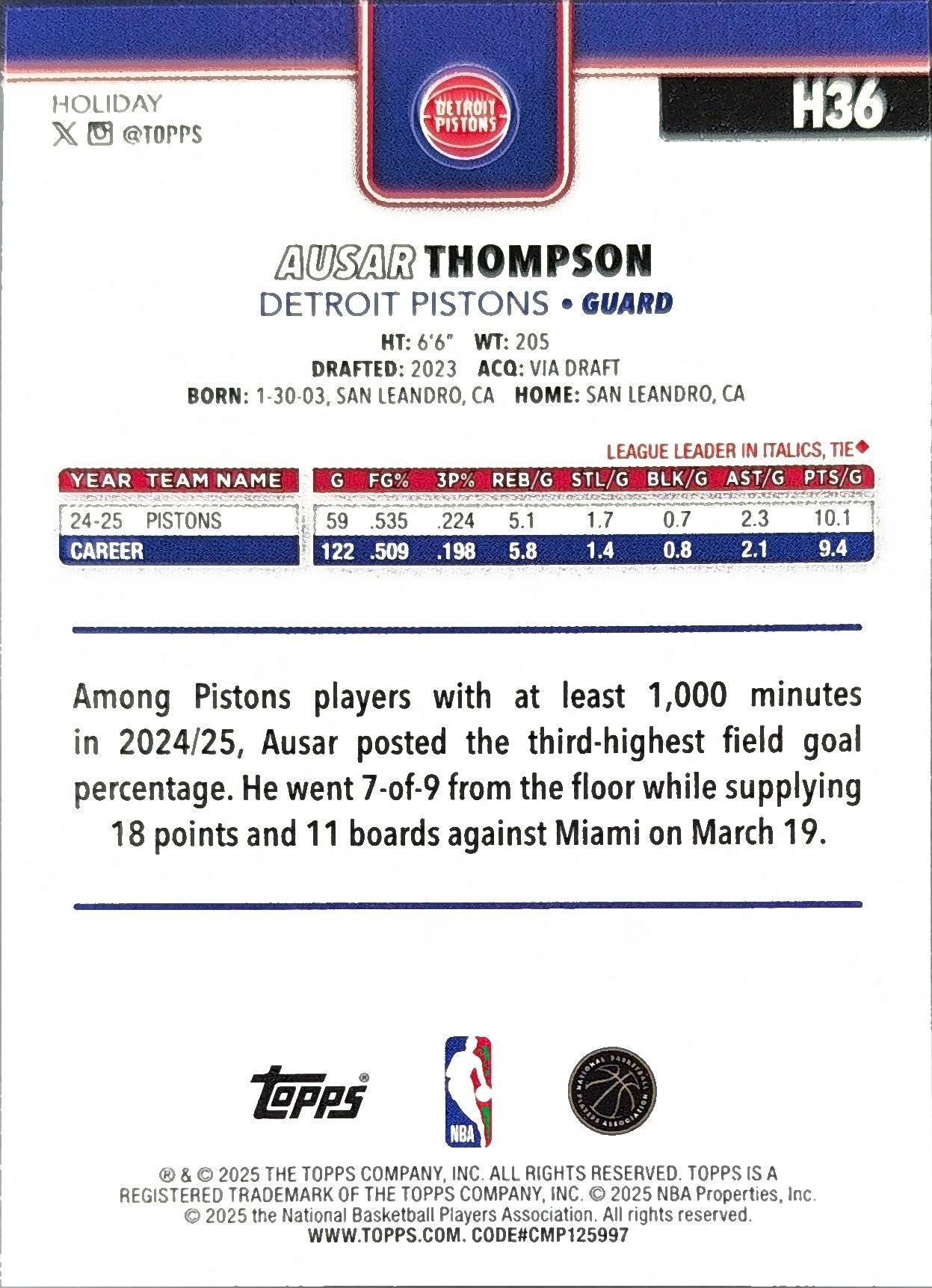 2025-26 Topps Holiday Ausar Thompson #H36 Detroit Pistons back