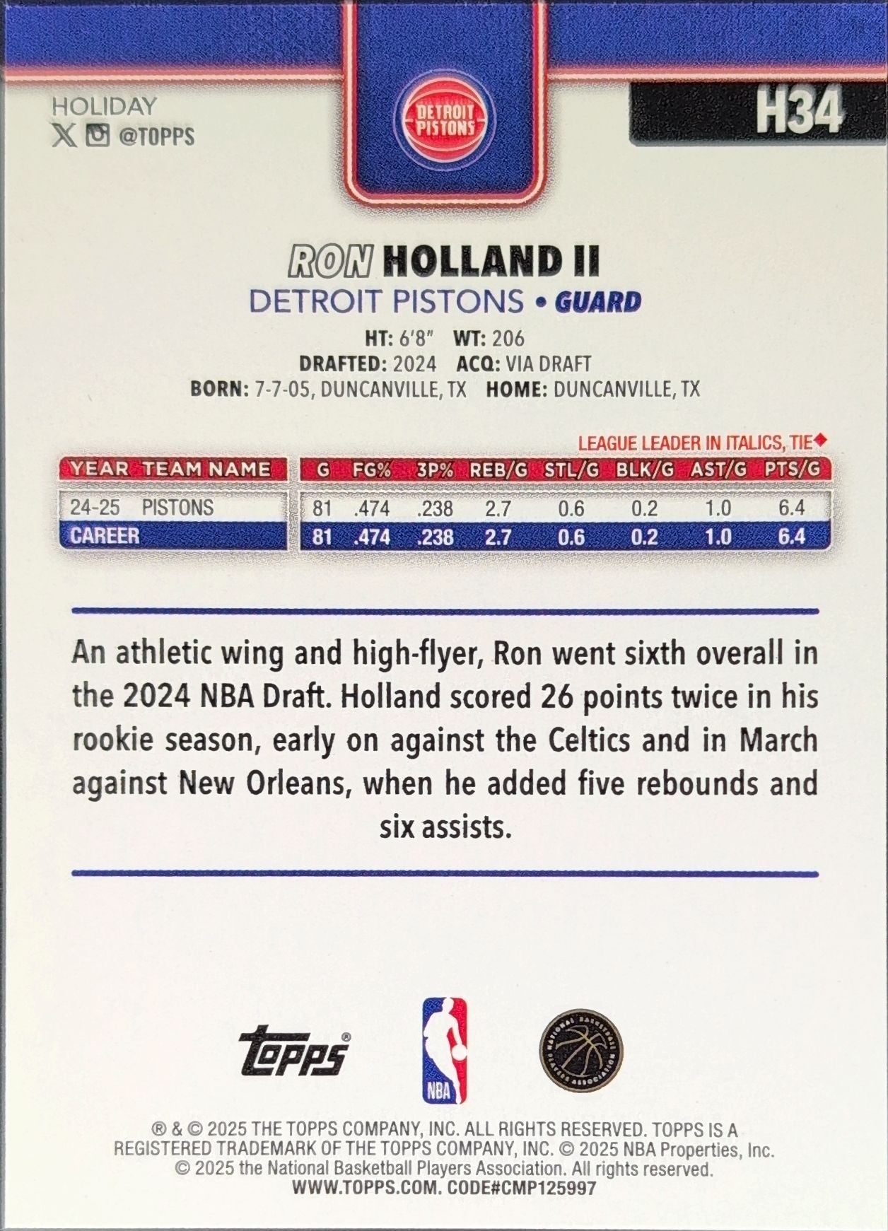 2025-26 Topps Holiday Ron Holland II #H34 Detroit Pistons back